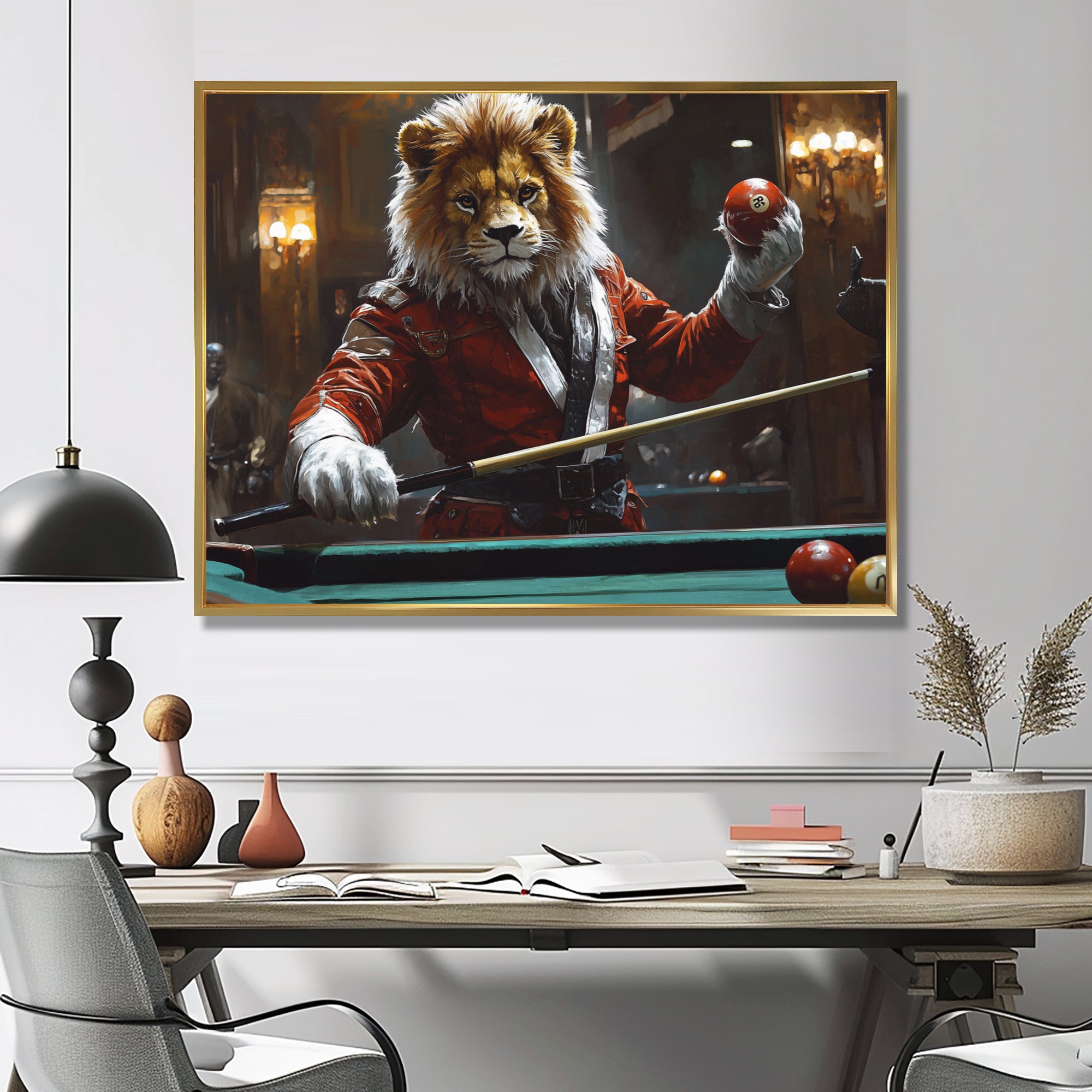 Red Lion Playing Billards - Billiards Canvas Wall Art