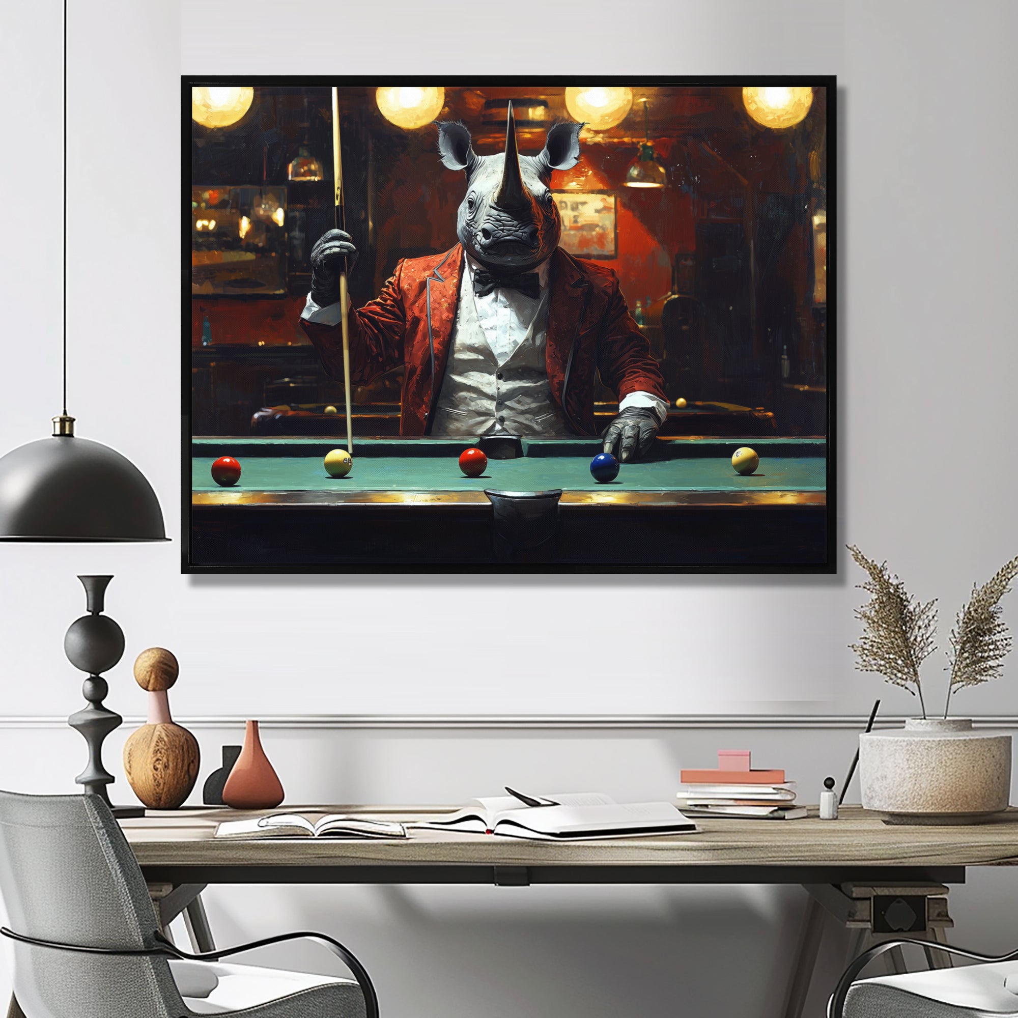 Red Rhino Playing Pool - Billiards Canvas Wall Art