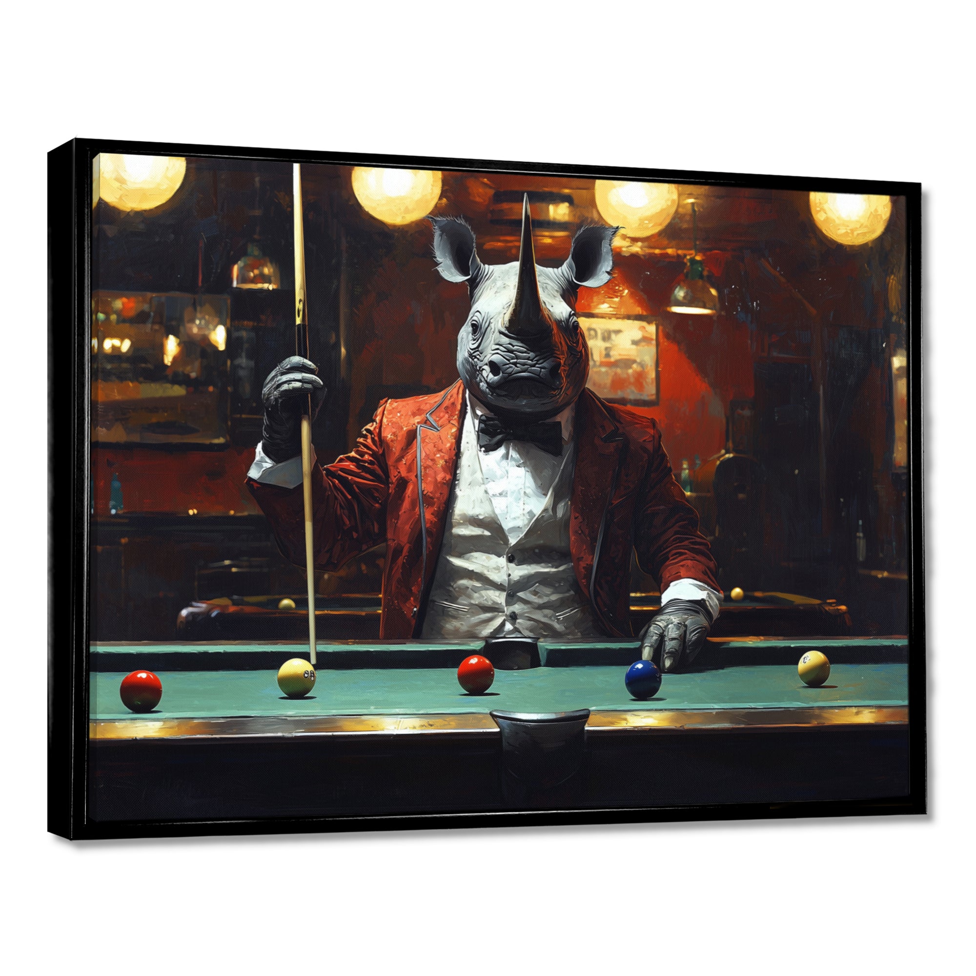 Red Rhino Playing Pool - Billiards Canvas Wall Art