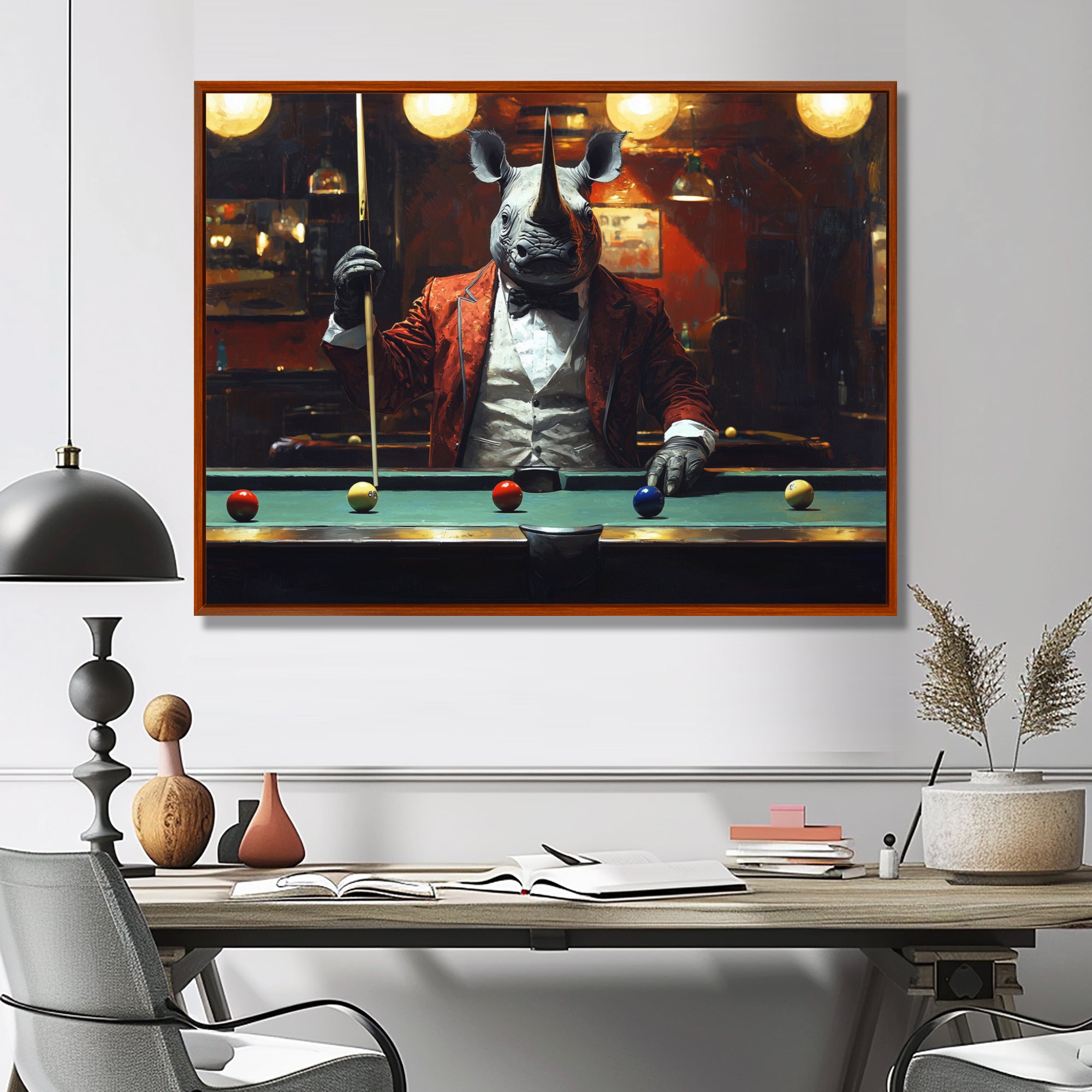 Red Rhino Playing Pool - Billiards Canvas Wall Art