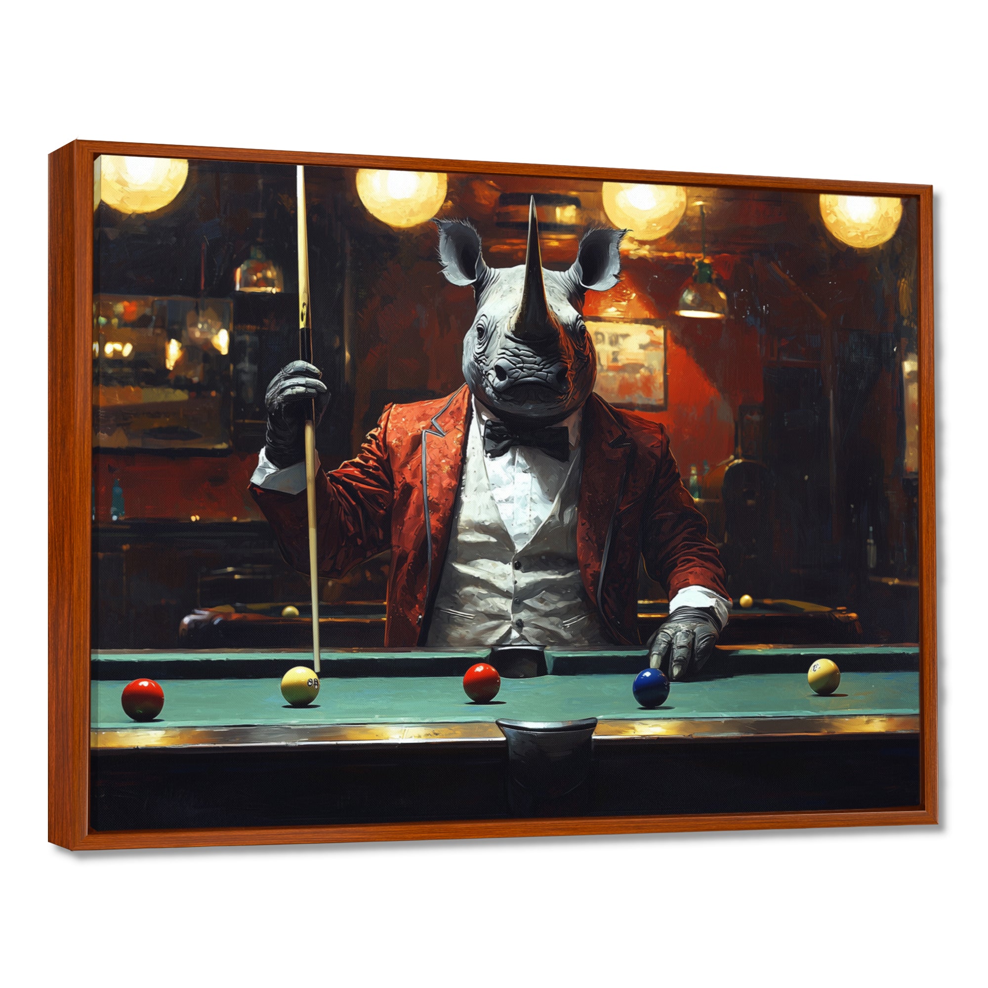 Red Rhino Playing Pool - Billiards Canvas Wall Art