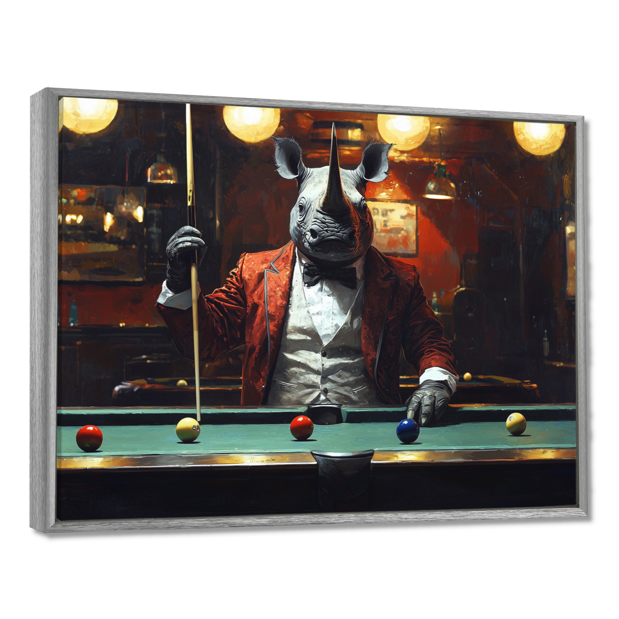 Red Rhino Playing Pool - Billiards Canvas Wall Art