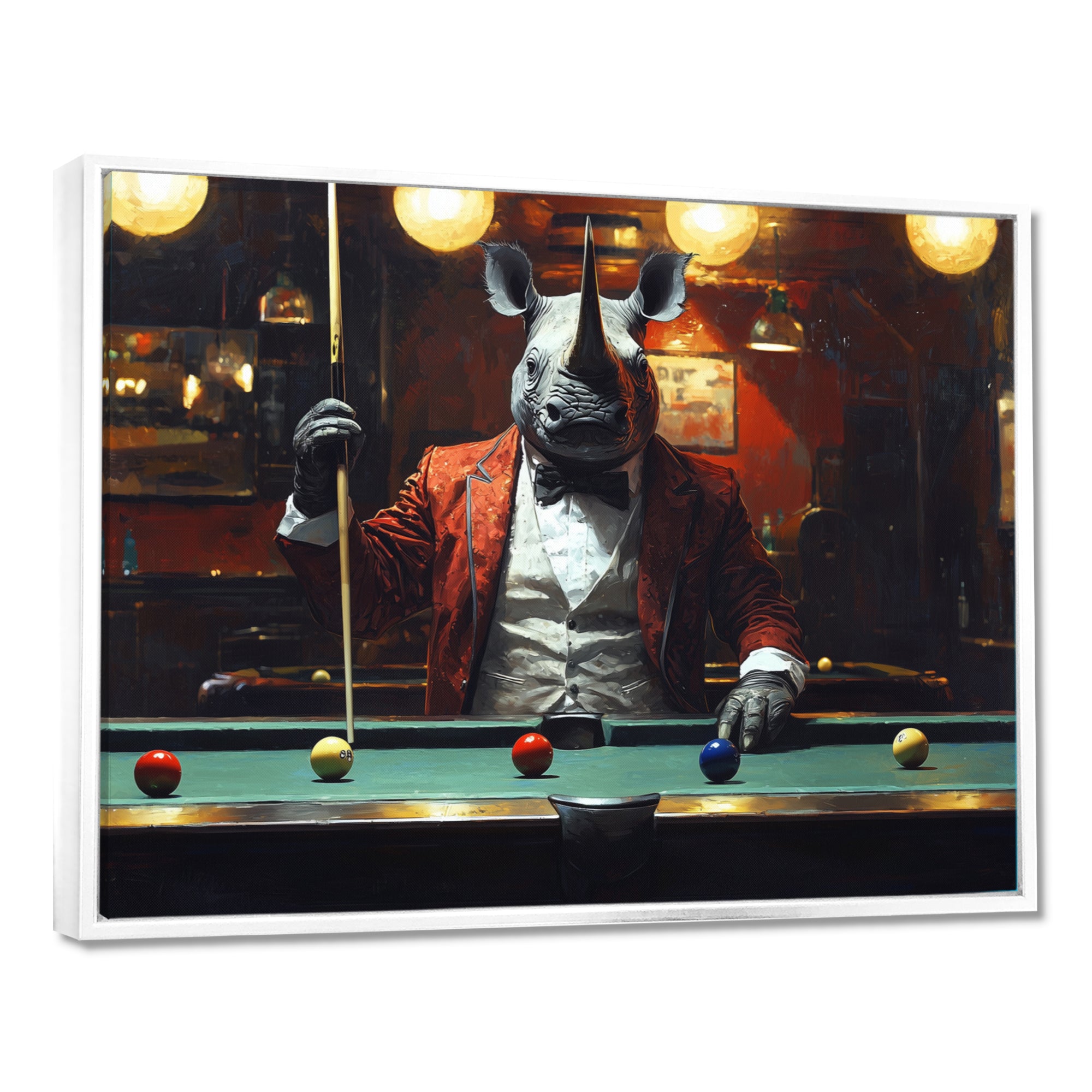 Red Rhino Playing Pool - Billiards Canvas Wall Art