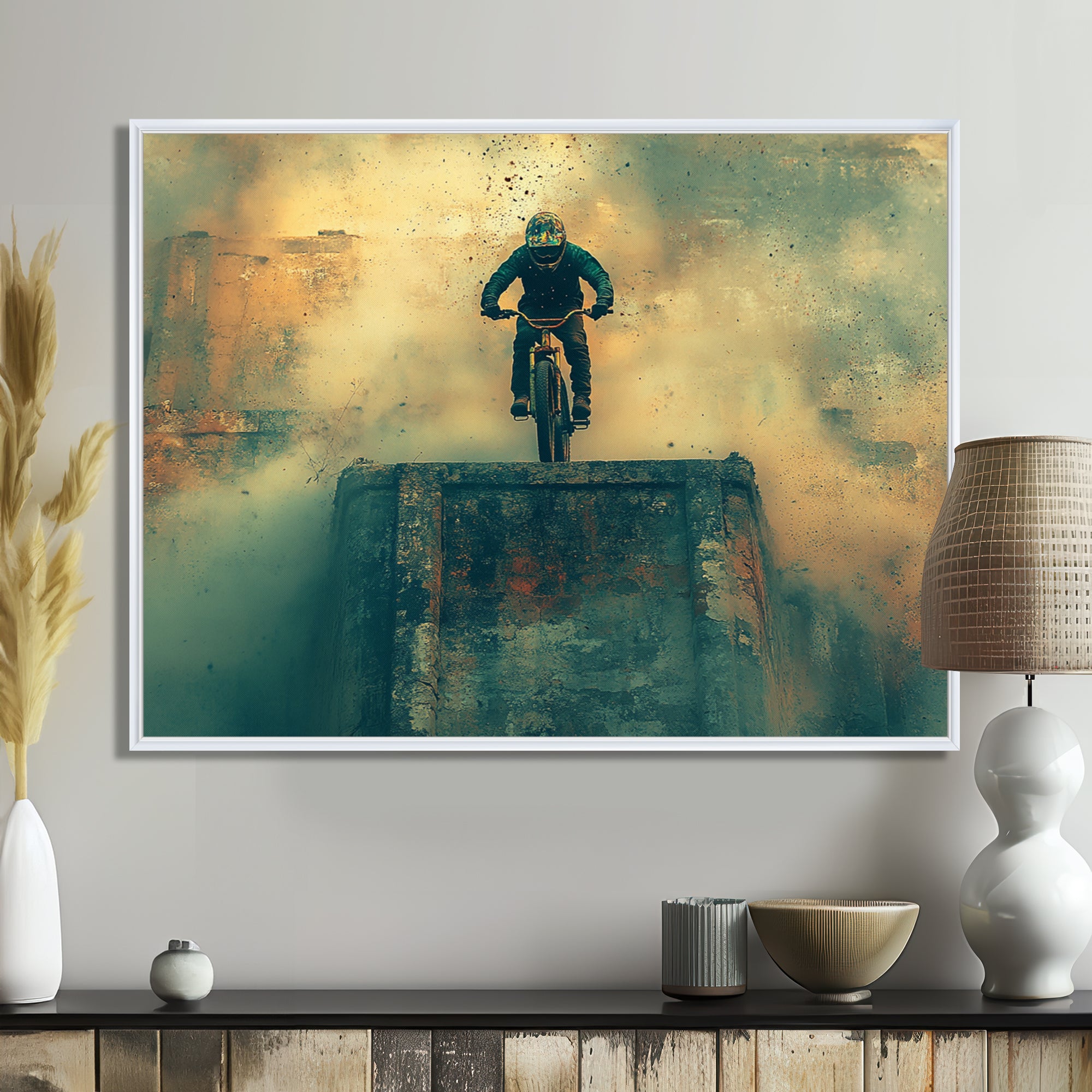 Green Freestyle BMX Bike Tricks - Cycling Canvas Wall Art