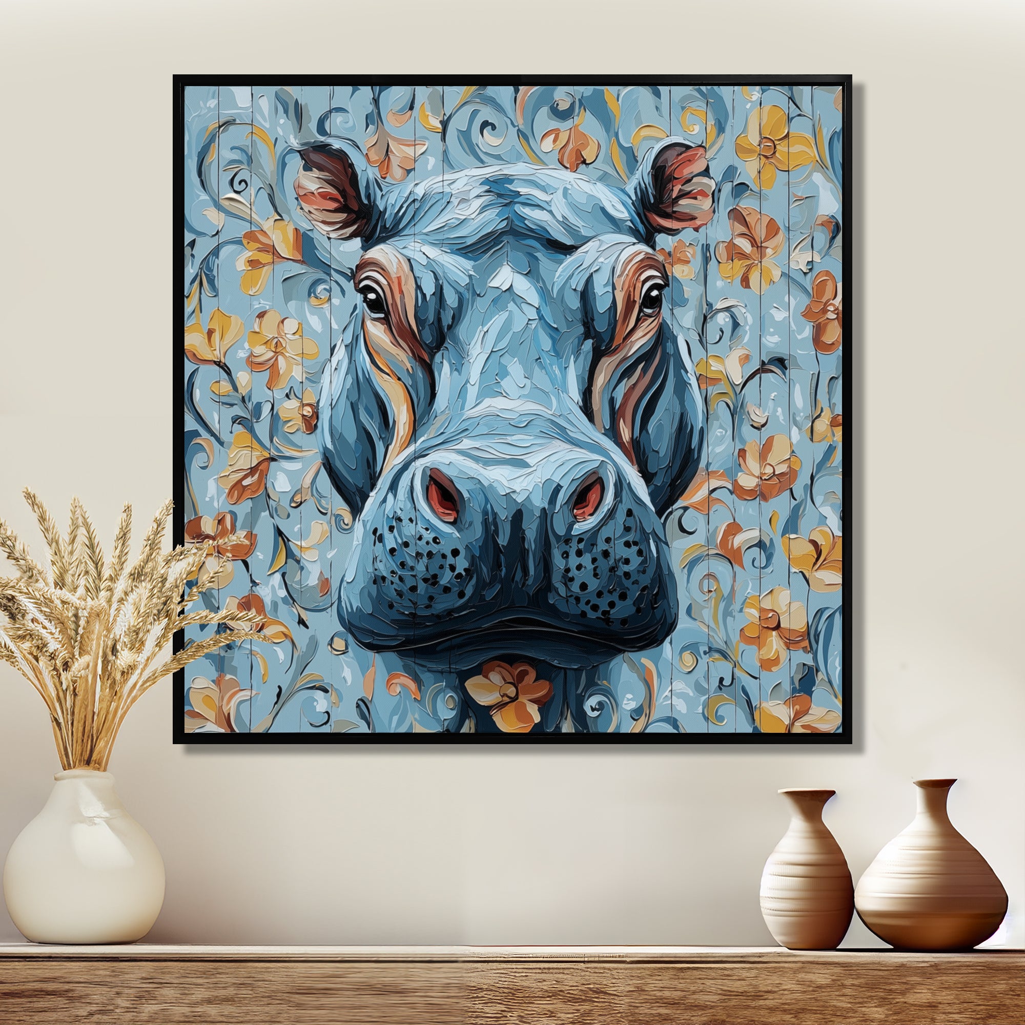 Blue Floral Hippo Portrait - Hippopotamus Living Room Wall Art