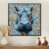 Blue Floral Hippo Portrait - Hippopotamus Living Room Wall Art