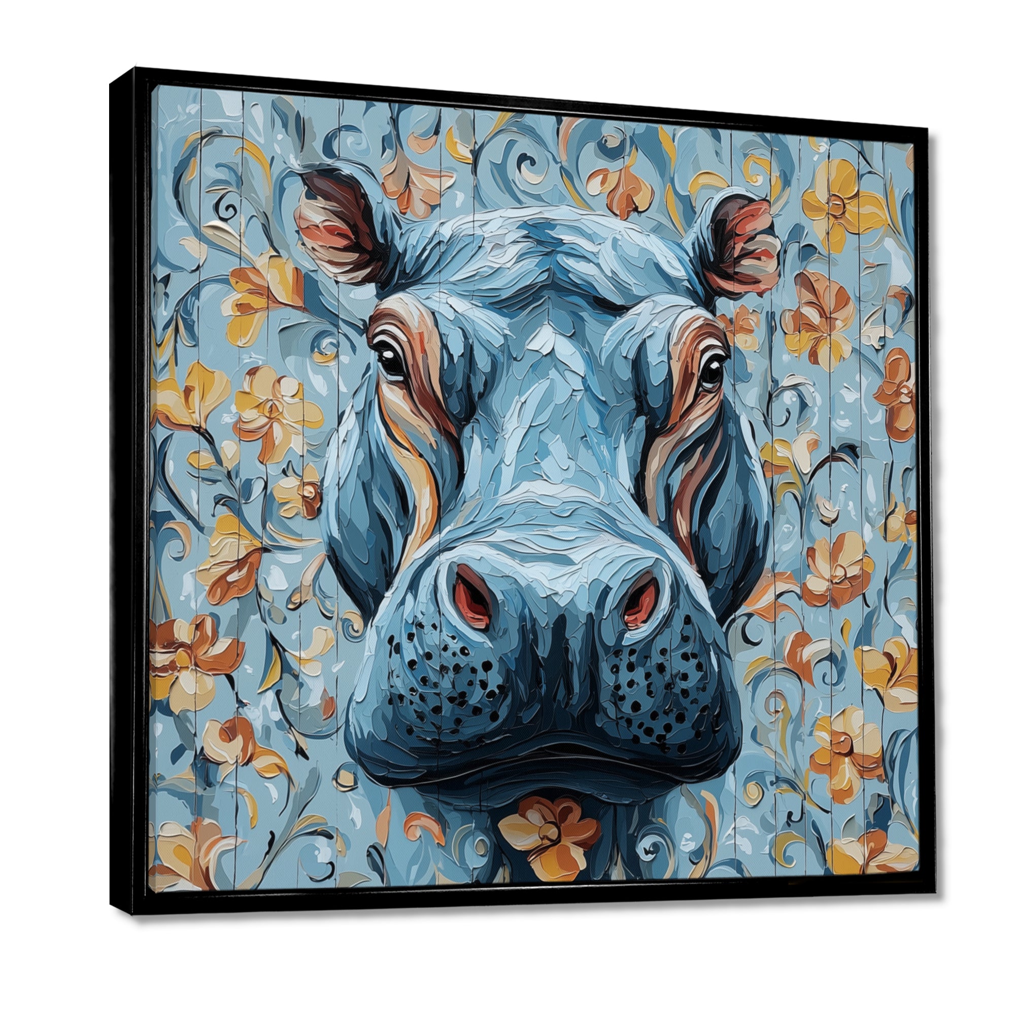 Blue Floral Hippo Portrait - Hippopotamus Living Room Wall Art
