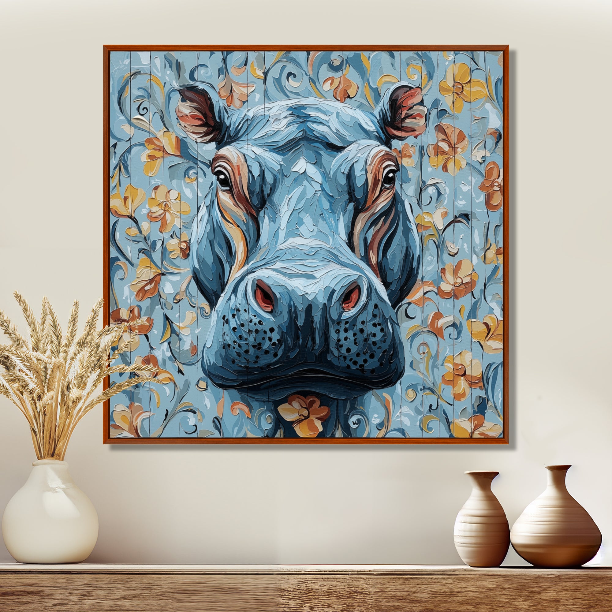 Blue Floral Hippo Portrait - Hippopotamus Living Room Wall Art