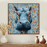 Blue Floral Hippo Portrait - Hippopotamus Living Room Wall Art