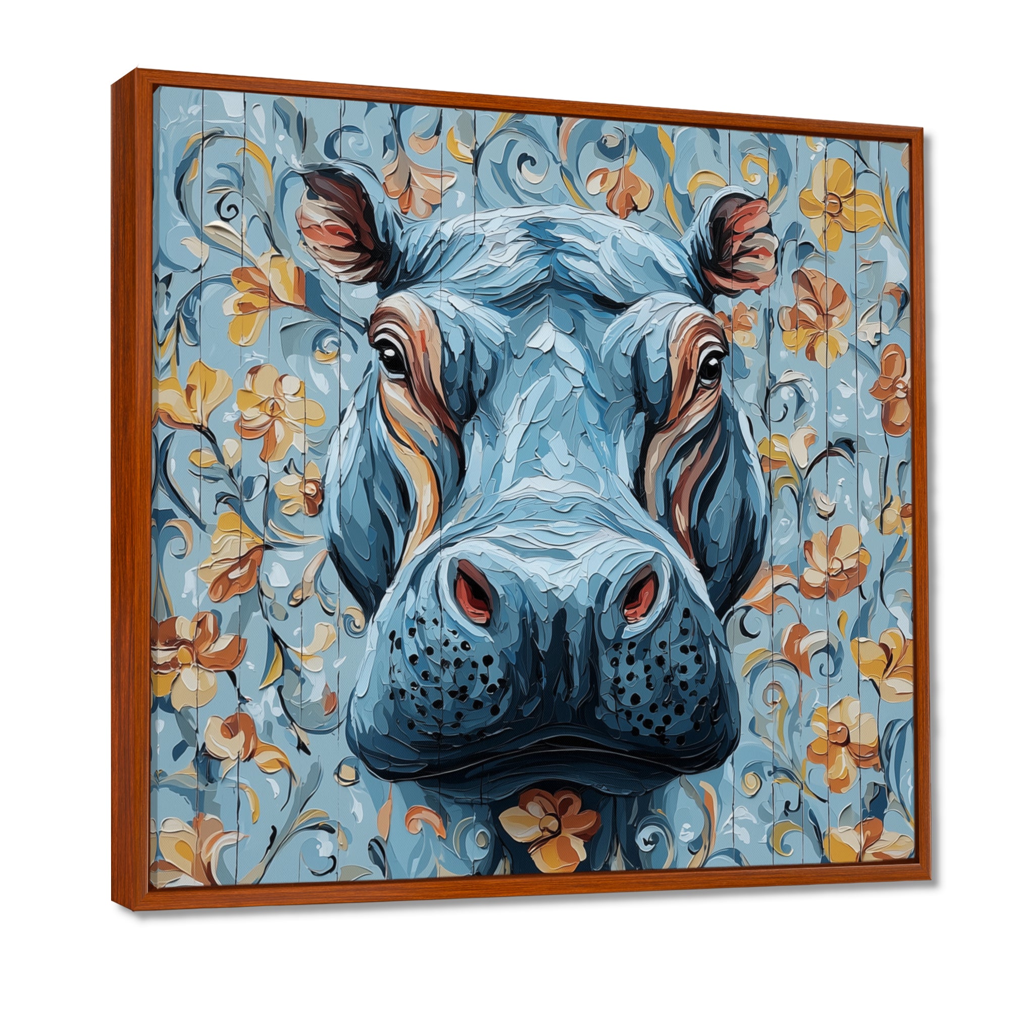 Blue Floral Hippo Portrait - Hippopotamus Living Room Wall Art