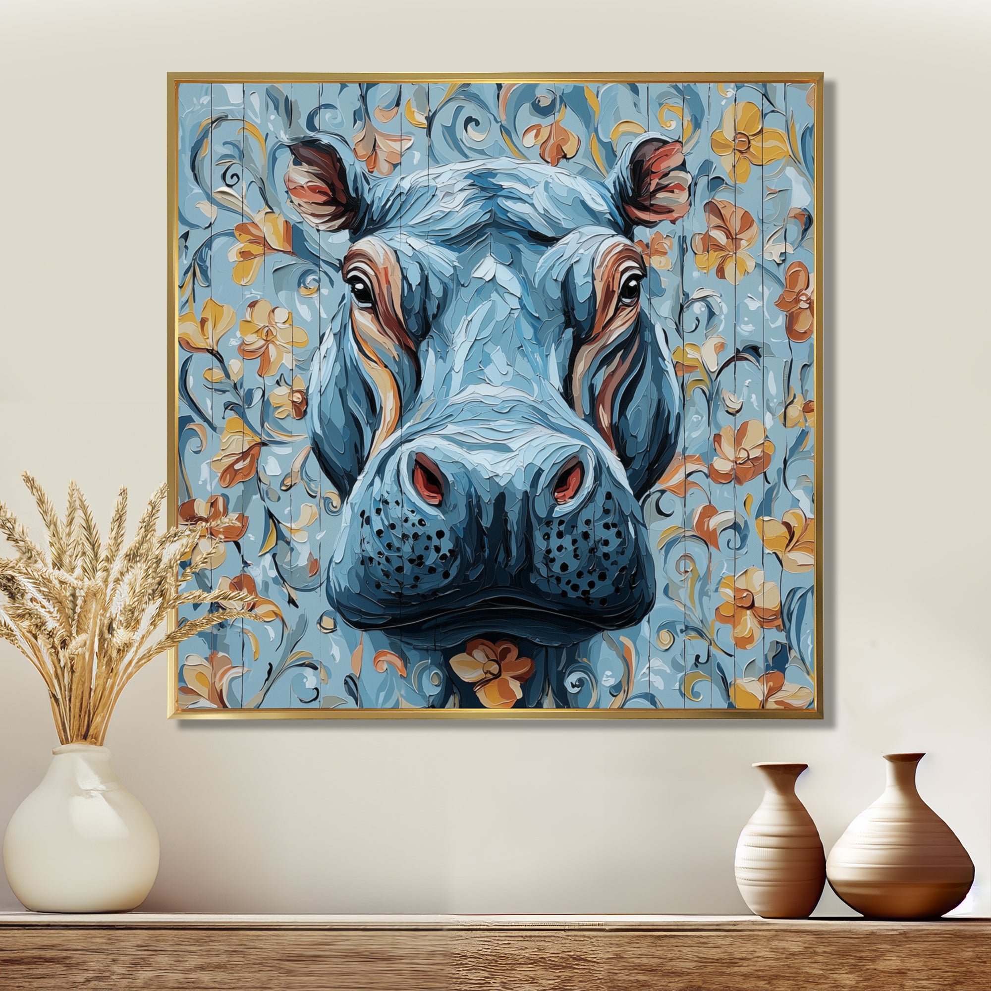Blue Floral Hippo Portrait - Hippopotamus Living Room Wall Art