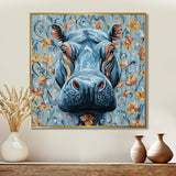 Blue Floral Hippo Portrait - Hippopotamus Living Room Wall Art