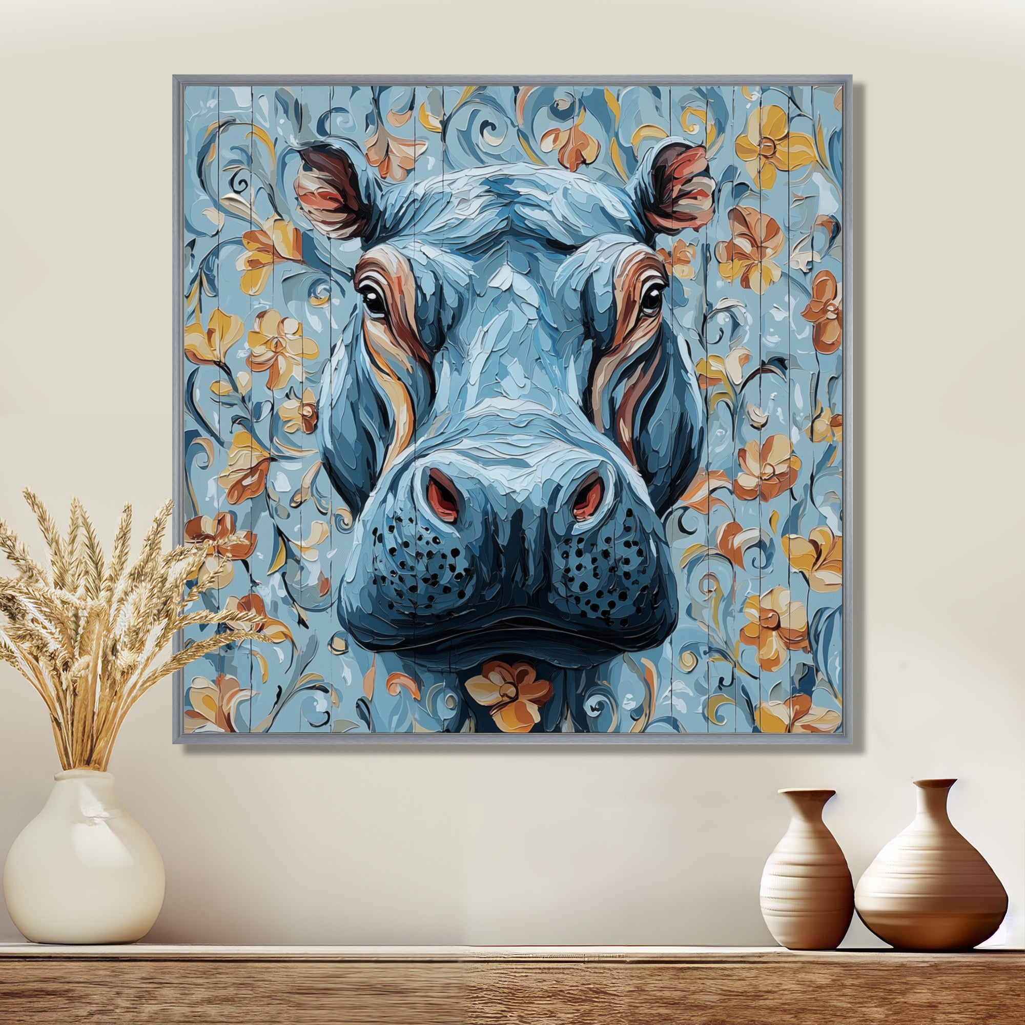 Blue Floral Hippo Portrait - Hippopotamus Living Room Wall Art