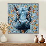 Blue Floral Hippo Portrait - Hippopotamus Living Room Wall Art