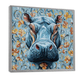 Blue Floral Hippo Portrait - Hippopotamus Living Room Wall Art