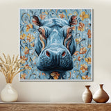 Blue Floral Hippo Portrait - Hippopotamus Living Room Wall Art