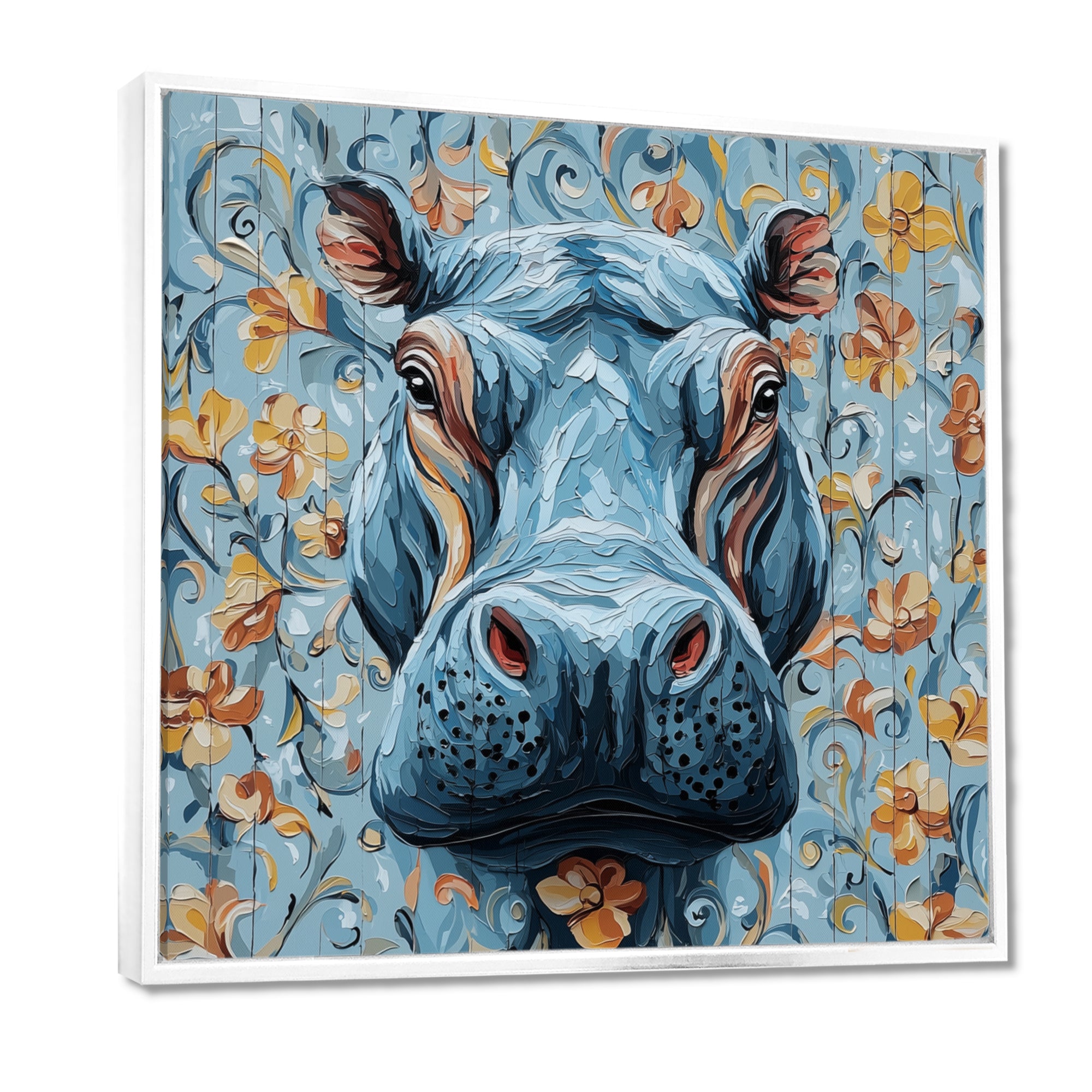 Blue Floral Hippo Portrait - Hippopotamus Living Room Wall Art