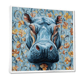 Blue Floral Hippo Portrait - Hippopotamus Living Room Wall Art