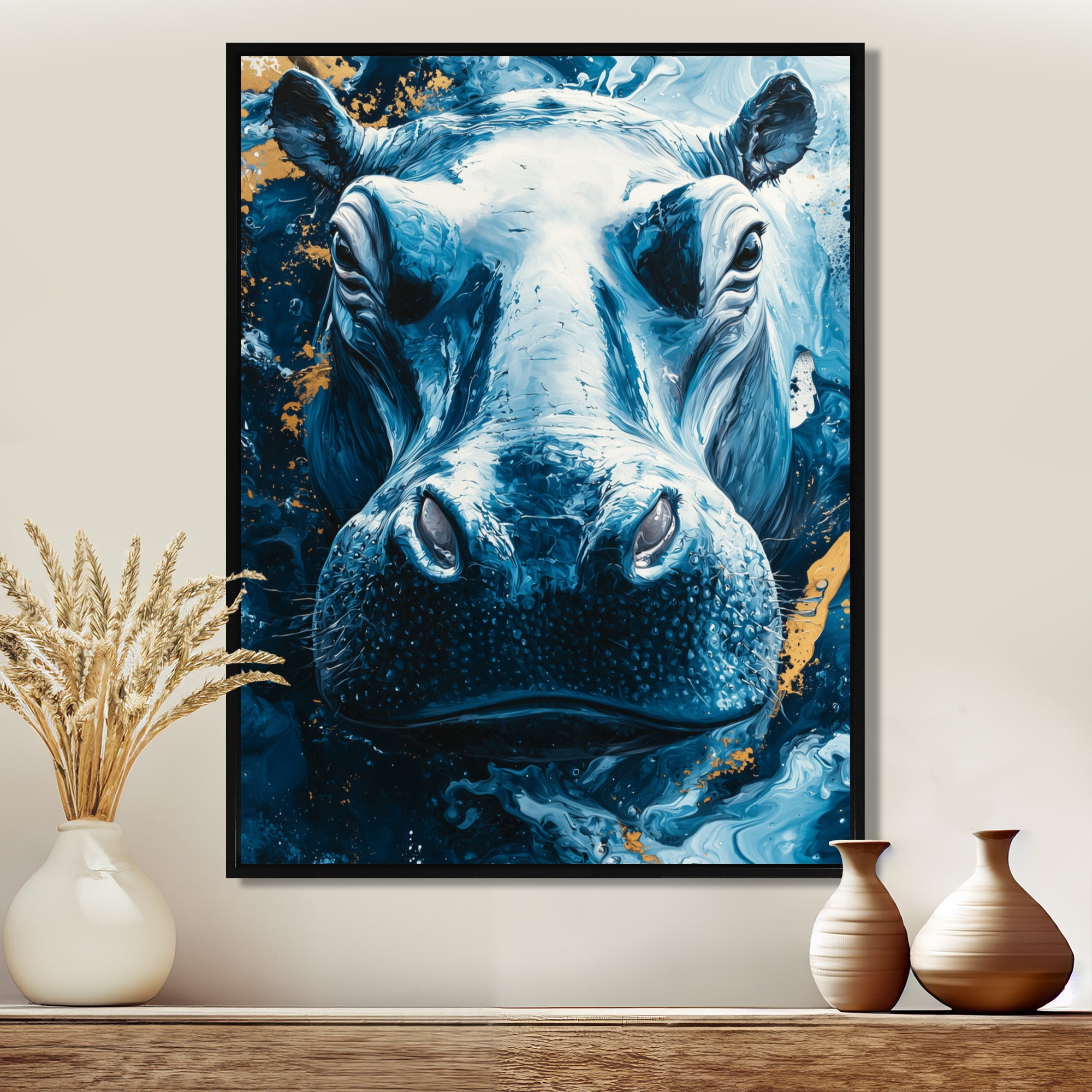 Blue Hippo Portrait - Hippopotamus Bedroom Wall Art