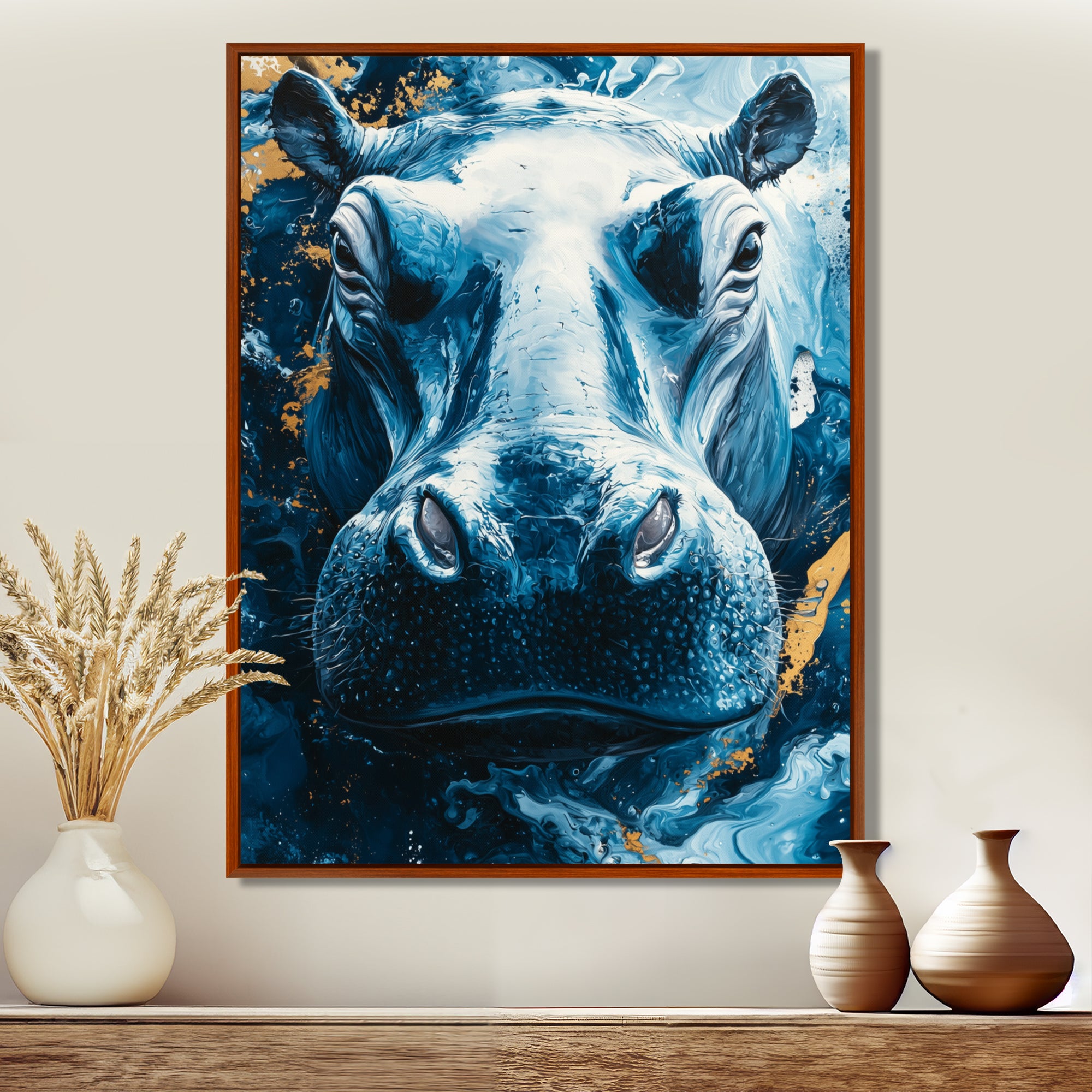 Blue Hippo Portrait - Hippopotamus Bedroom Wall Art