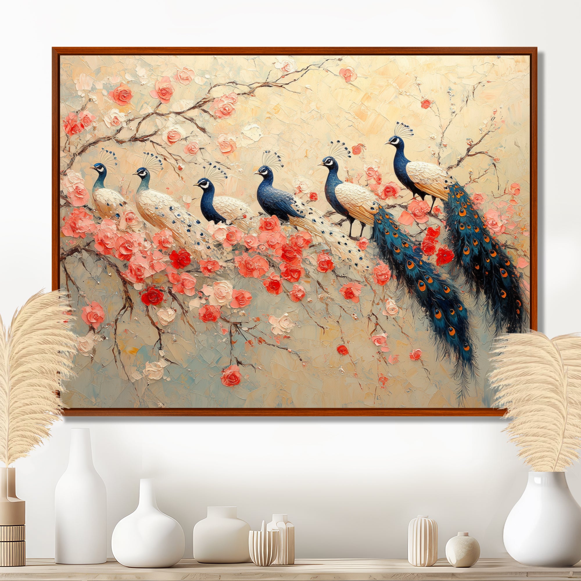 Pink And Blue Classic Peacocks Reunion - Peacock Wall Decor