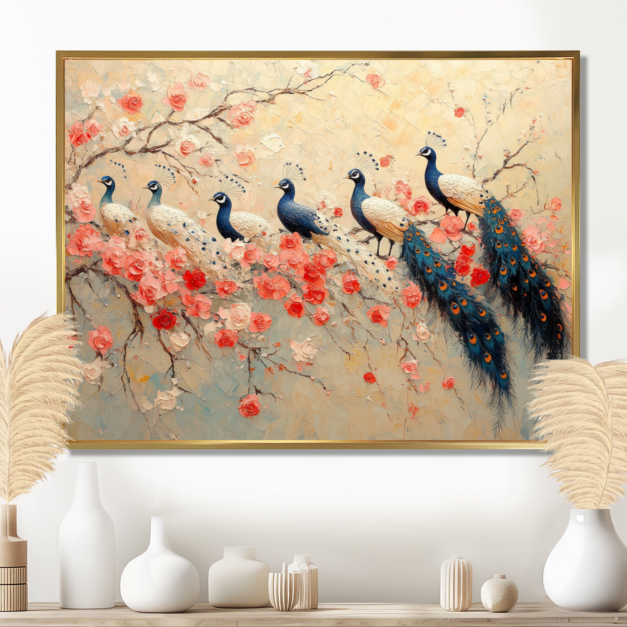 Pink And Blue Classic Peacocks Reunion - Peacock Wall Decor