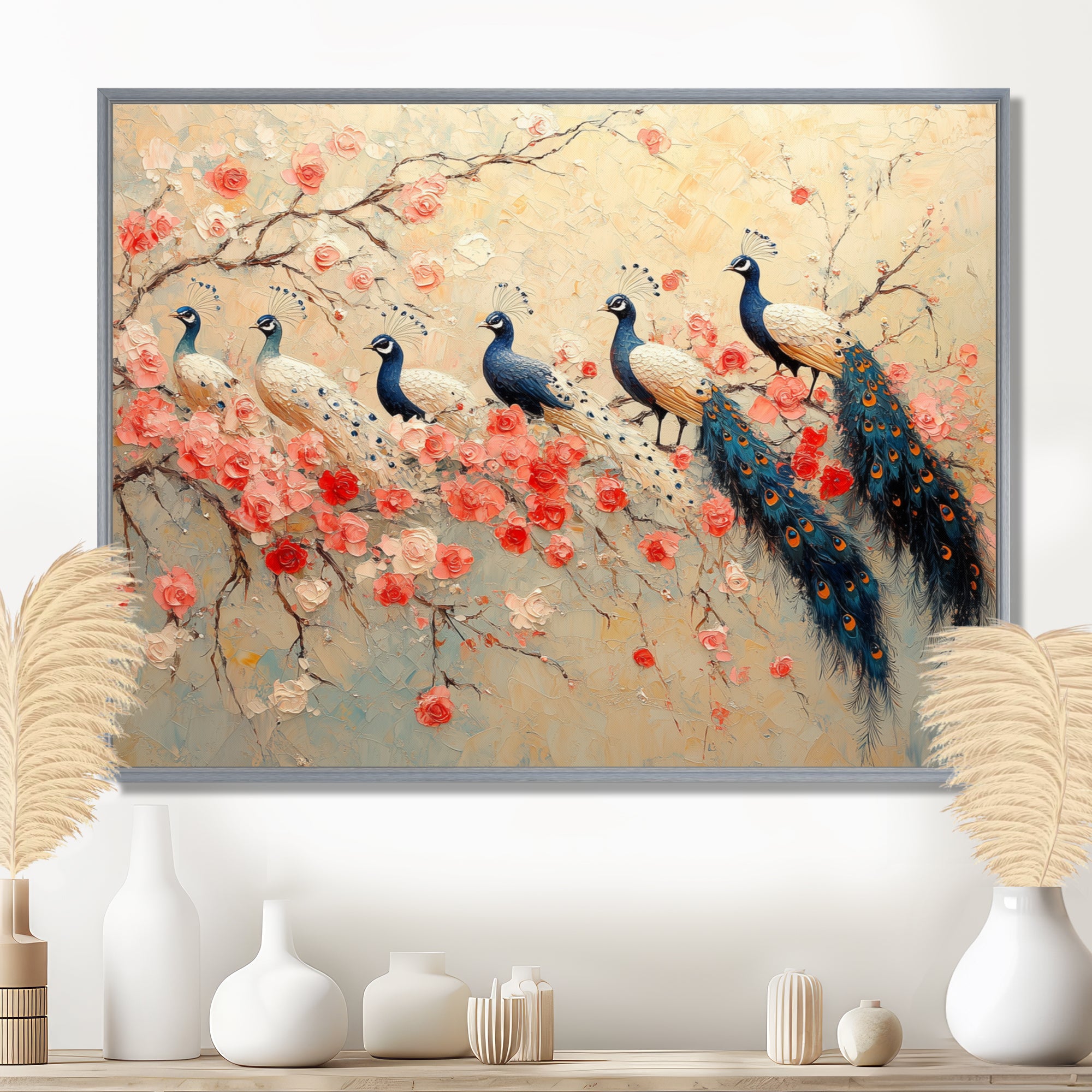 Pink And Blue Classic Peacocks Reunion - Peacock Wall Decor
