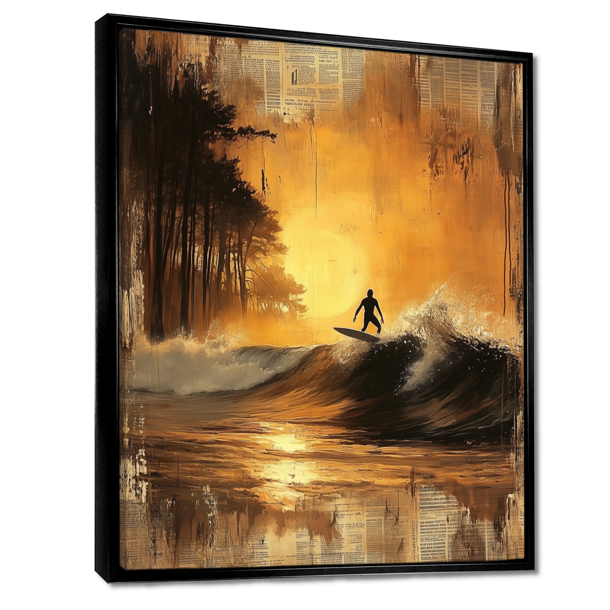 Vintage Yellow Surfing Landscape - Surfing Canvas Wall Art