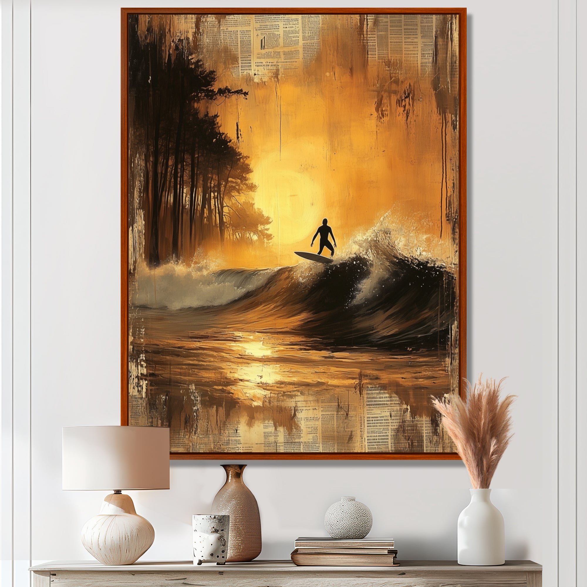 Vintage Yellow Surfing Landscape - Surfing Canvas Wall Art