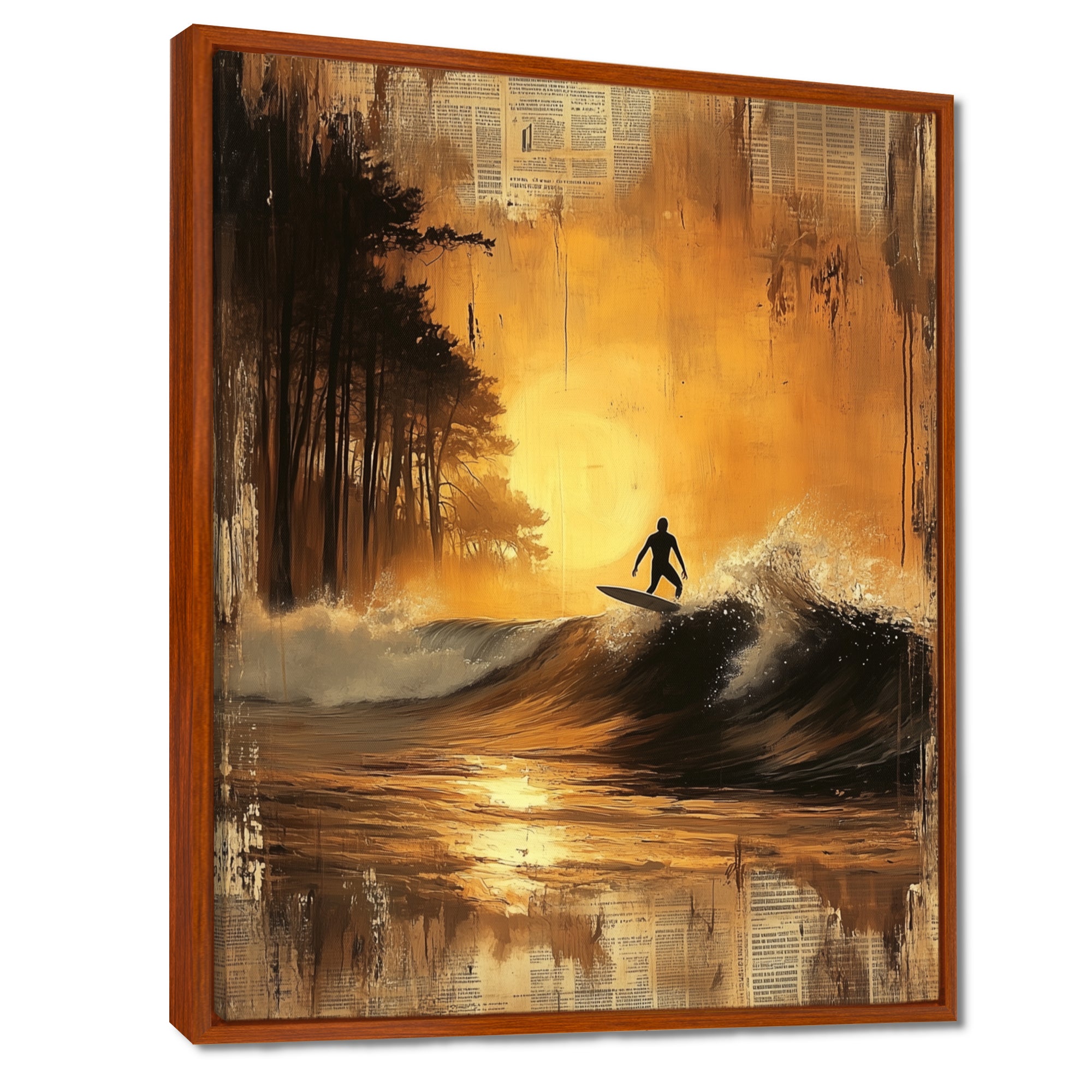 Vintage Yellow Surfing Landscape - Surfing Canvas Wall Art