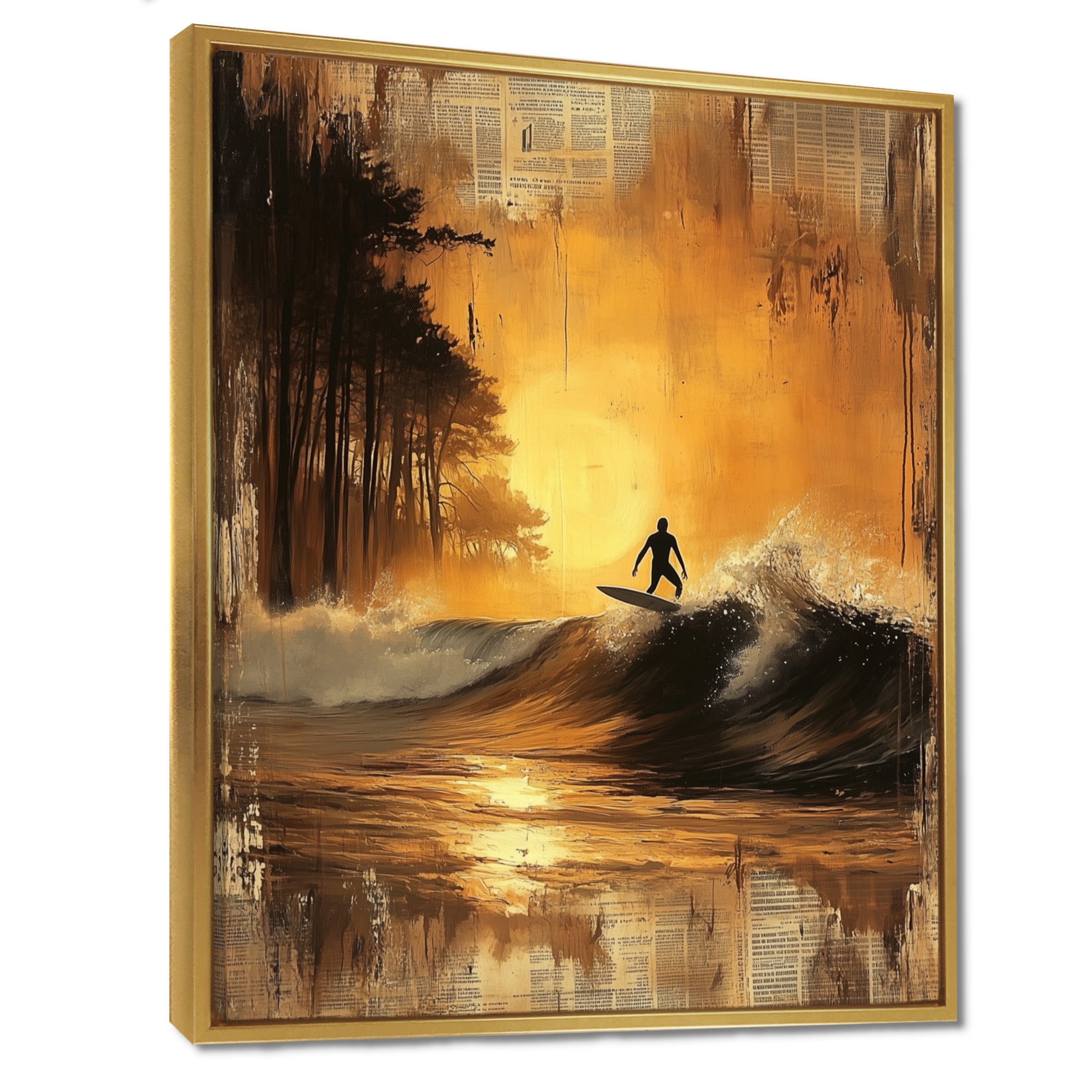 Vintage Yellow Surfing Landscape - Surfing Canvas Wall Art