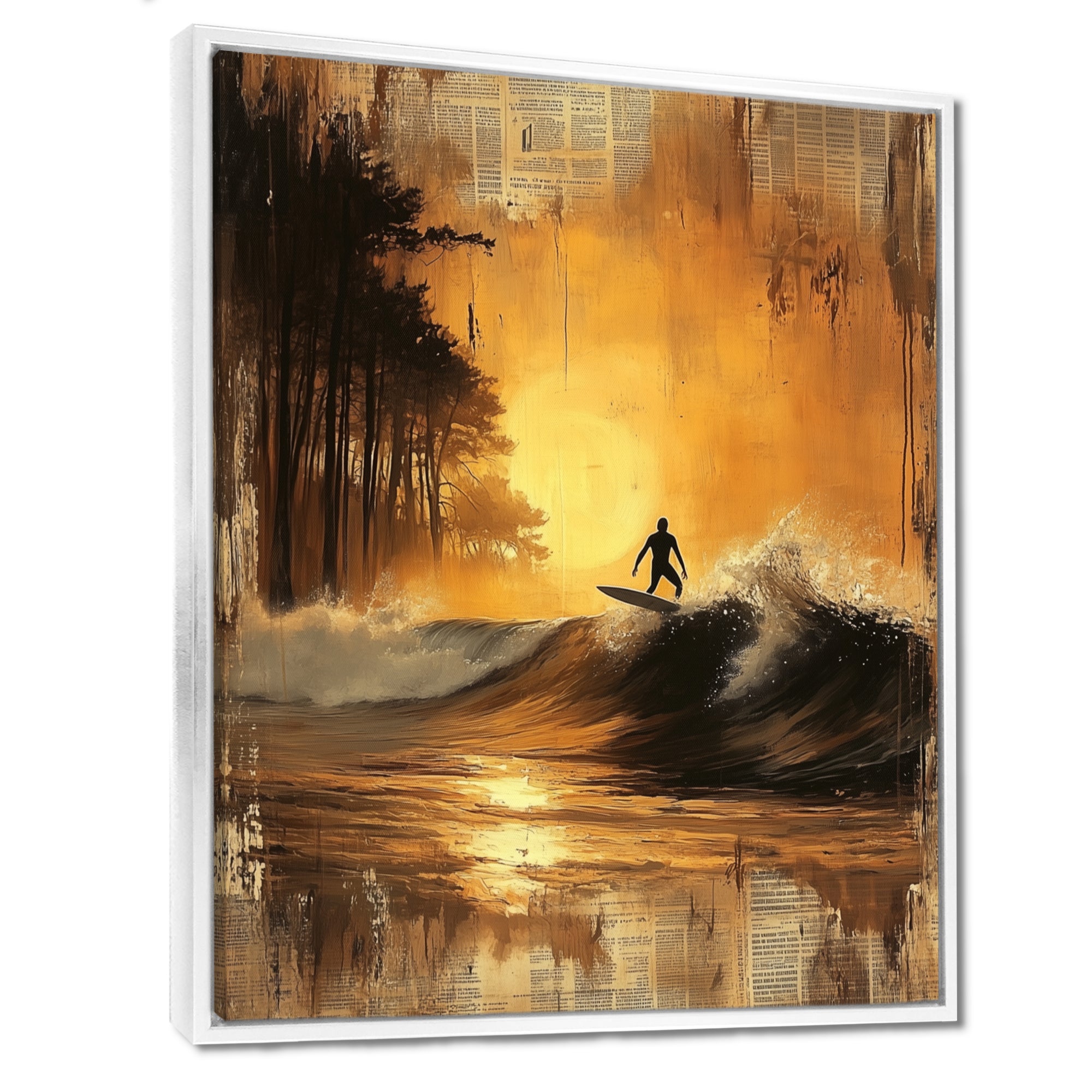 Vintage Yellow Surfing Landscape - Surfing Canvas Wall Art