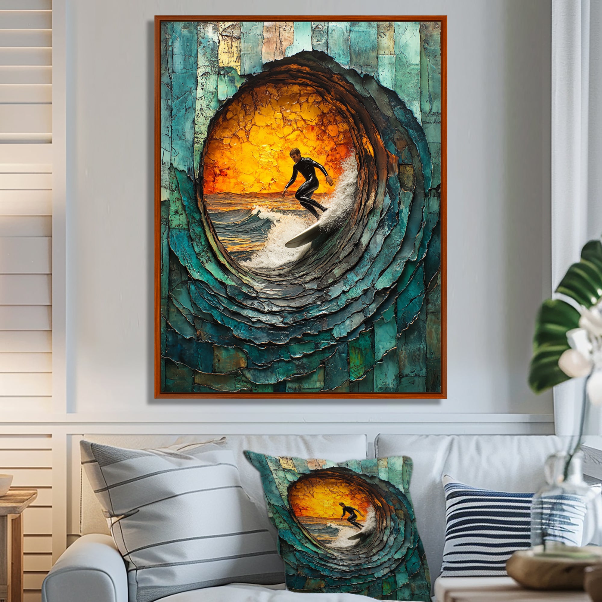 Green Surfing Mosaic - Surfing Canvas Wall Art