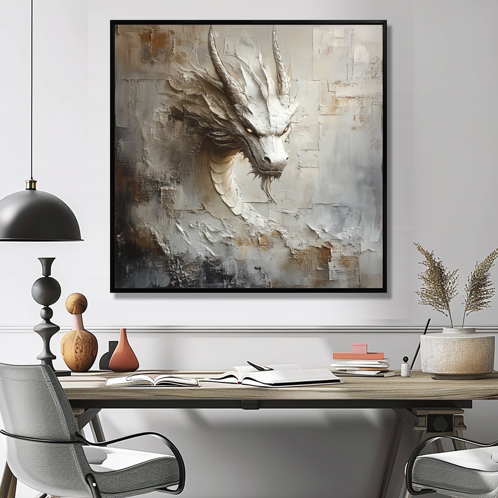 Mythology White Dragons Head - Dragons Living Room Wall Art