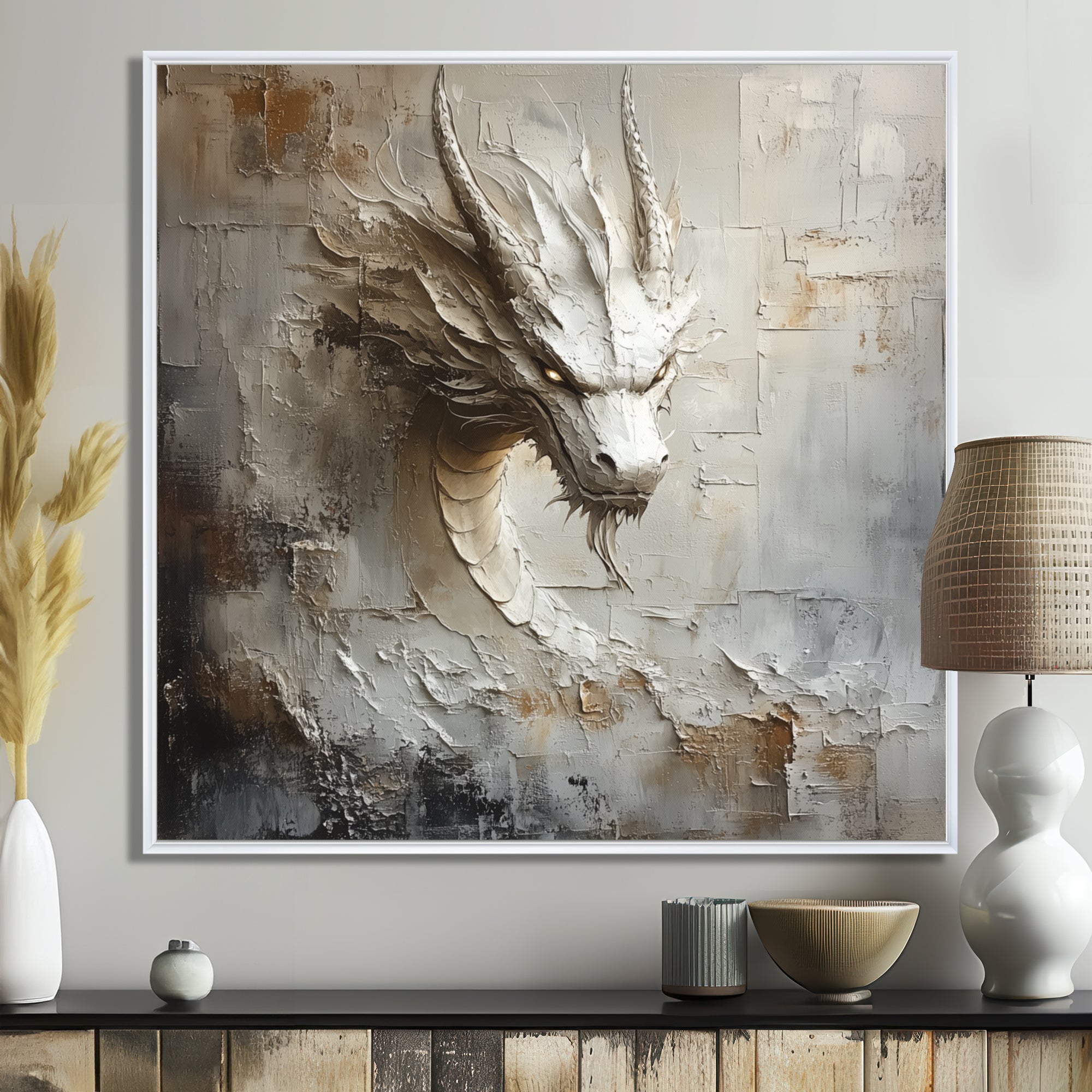 Mythology White Dragons Head - Dragons Living Room Wall Art