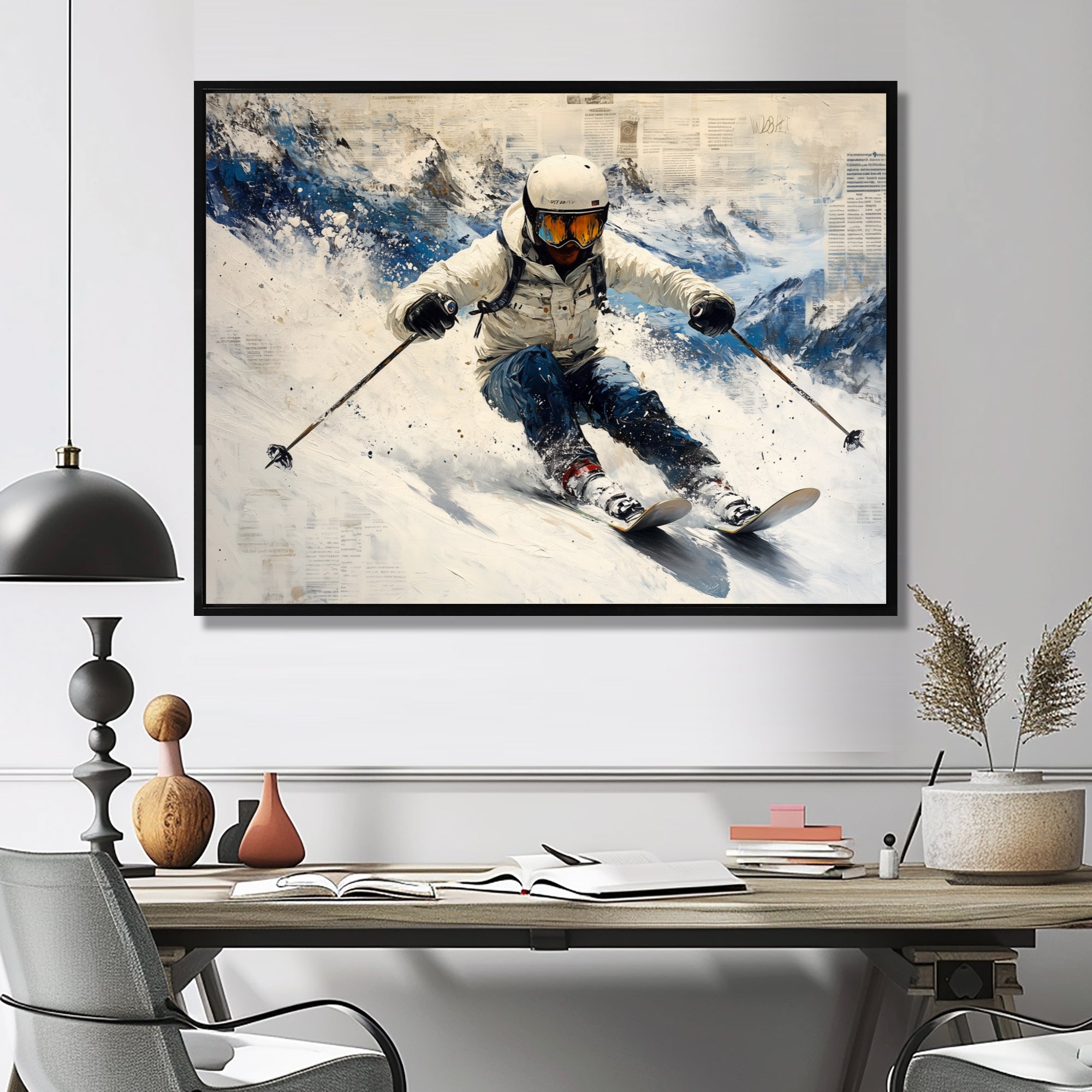 White Ski Big Air Accented With Blue - Skiing Canvas Wall Art