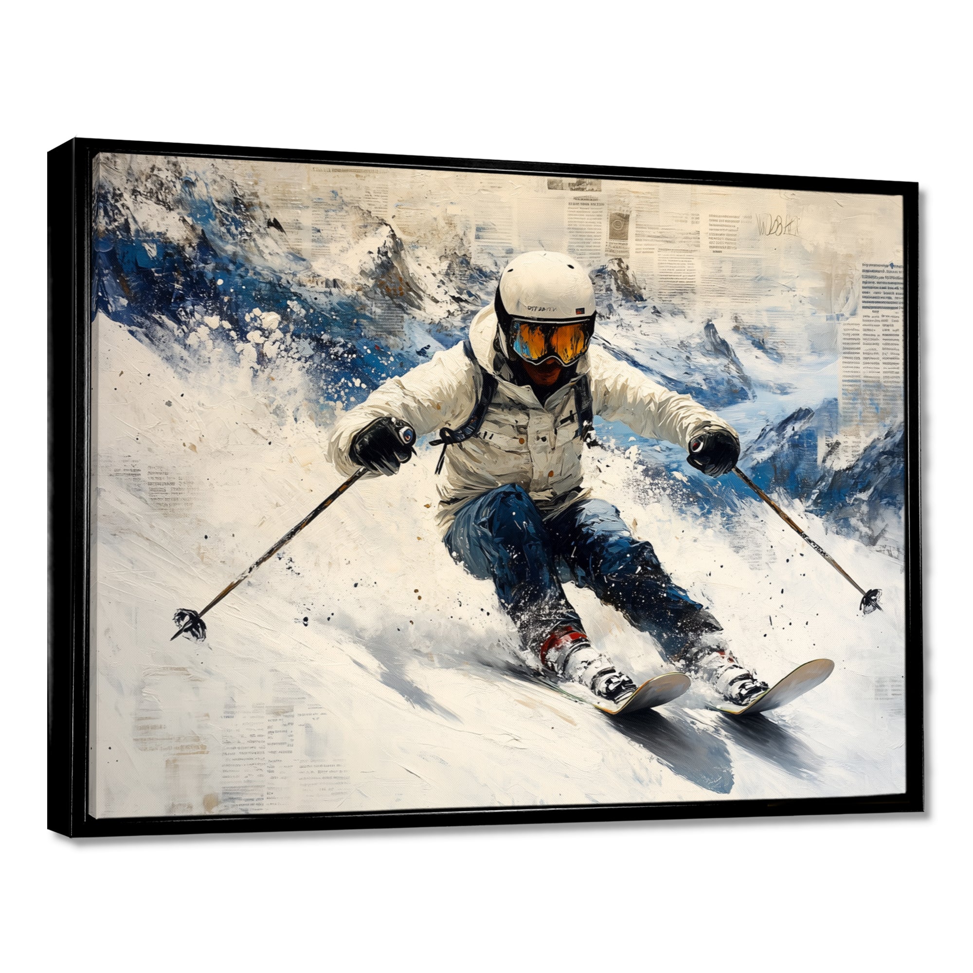 White Ski Big Air Accented With Blue - Skiing Canvas Wall Art