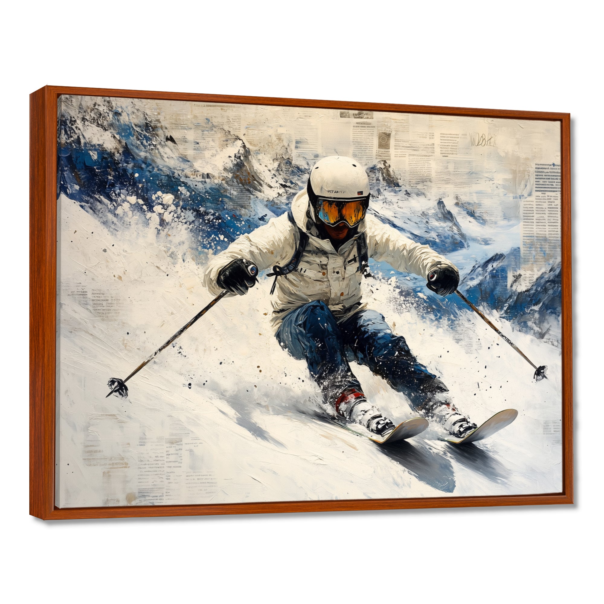White Ski Big Air Accented With Blue - Skiing Canvas Wall Art