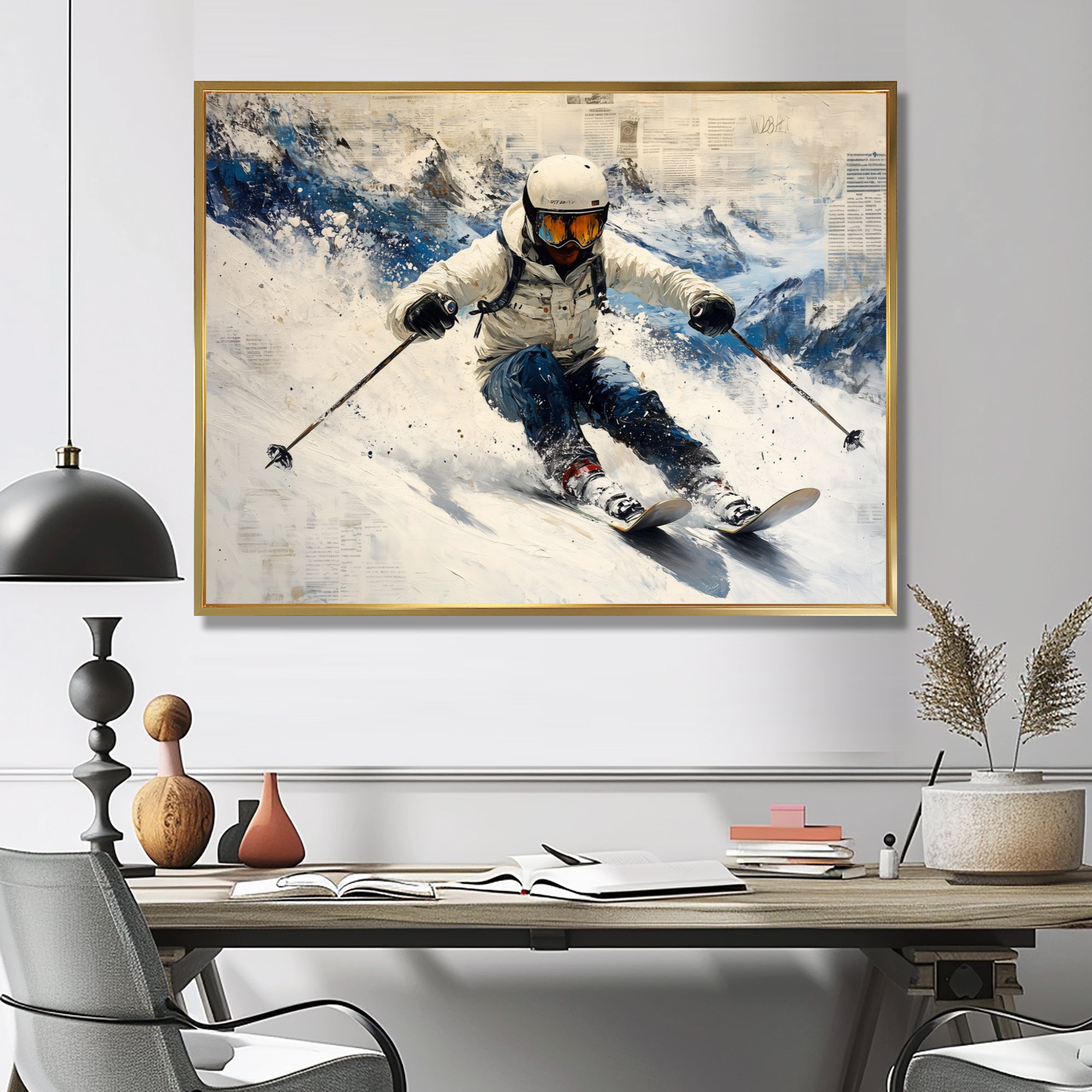 White Ski Big Air Accented With Blue - Skiing Canvas Wall Art