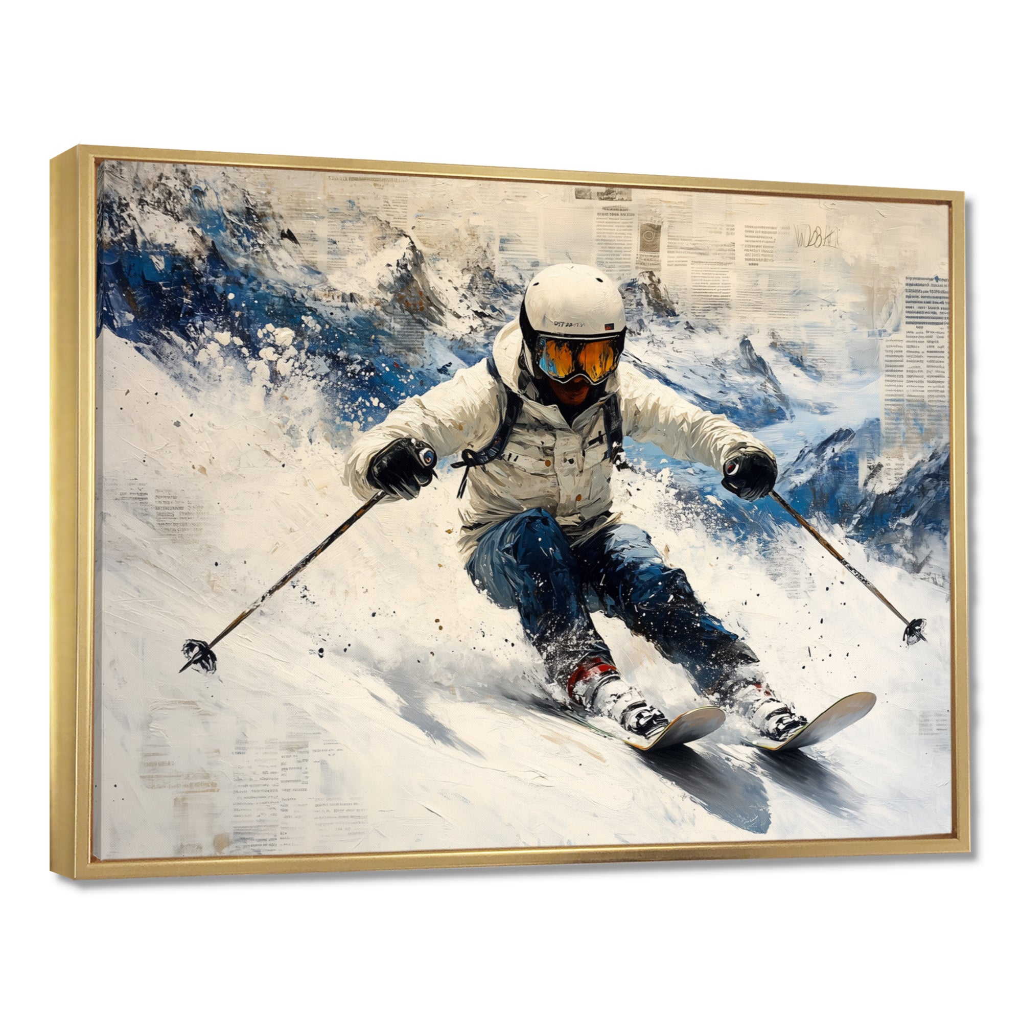 White Ski Big Air Accented With Blue - Skiing Canvas Wall Art