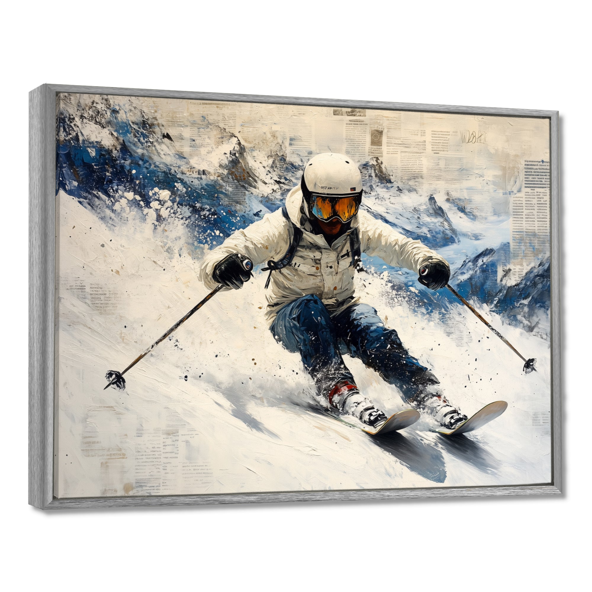 White Ski Big Air Accented With Blue - Skiing Canvas Wall Art