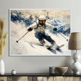 White Ski Big Air Accented With Blue - Skiing Canvas Wall Art