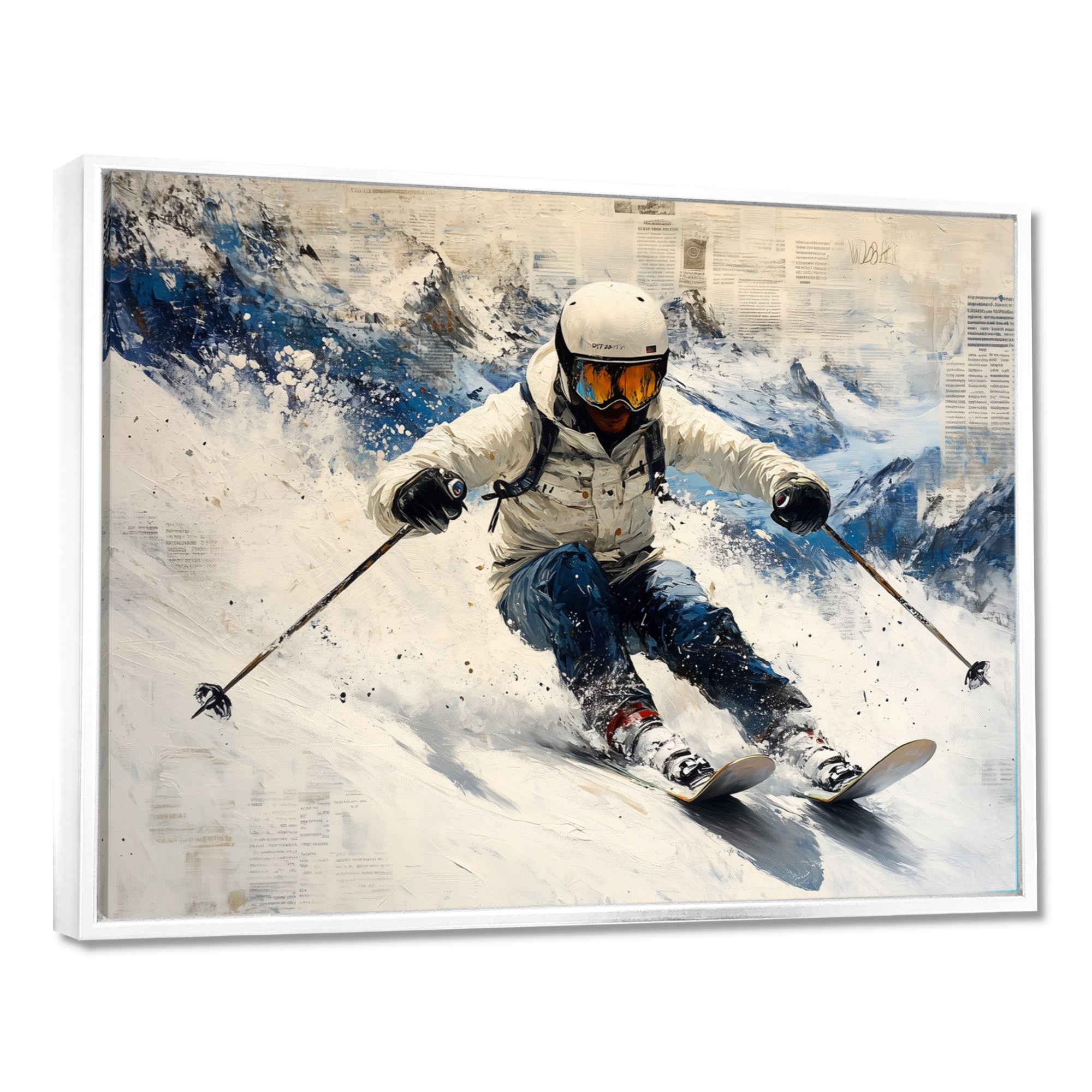 White Ski Big Air Accented With Blue - Skiing Canvas Wall Art