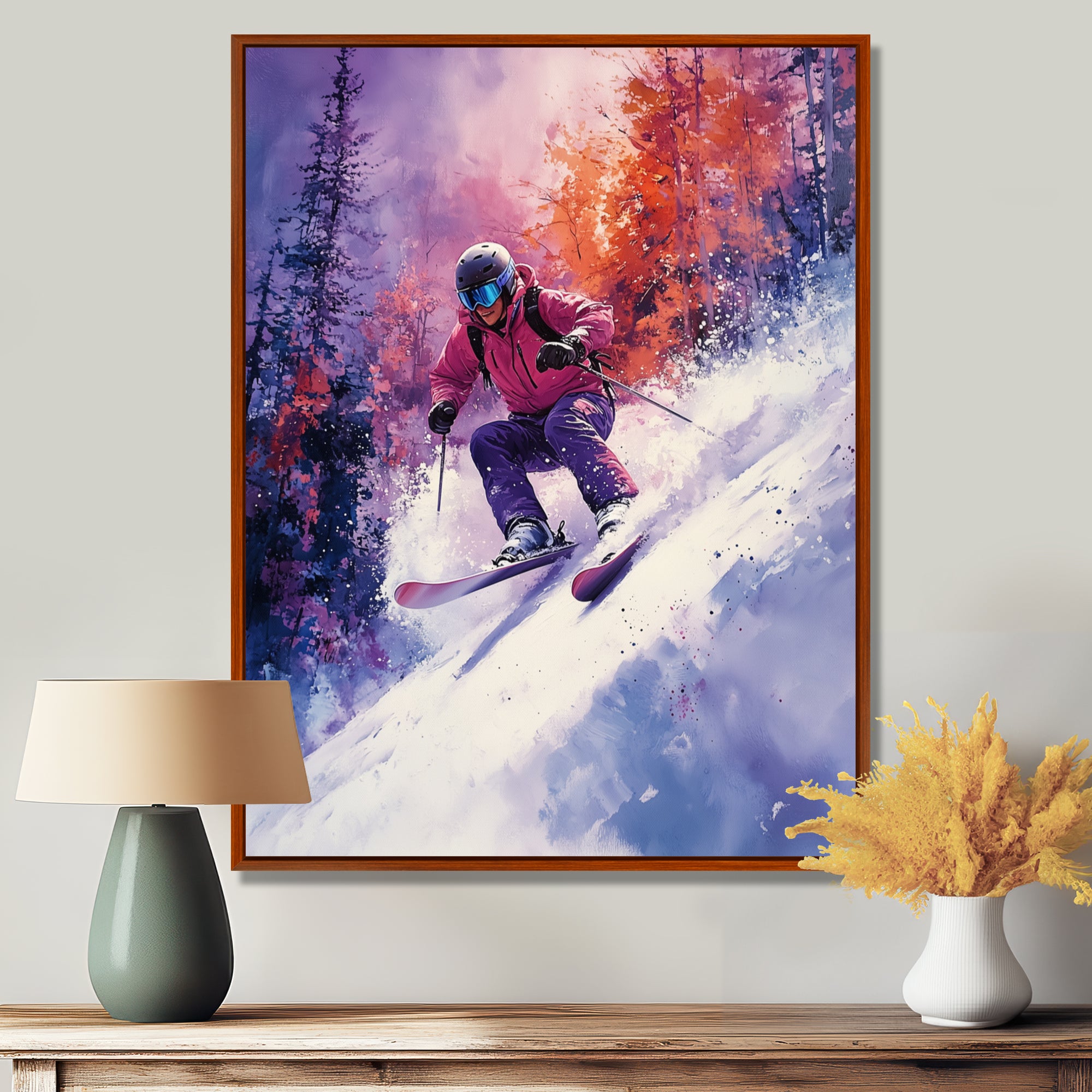Purple Ski Slopestyle Accented With Orange I - Skiing Canvas Wall Art