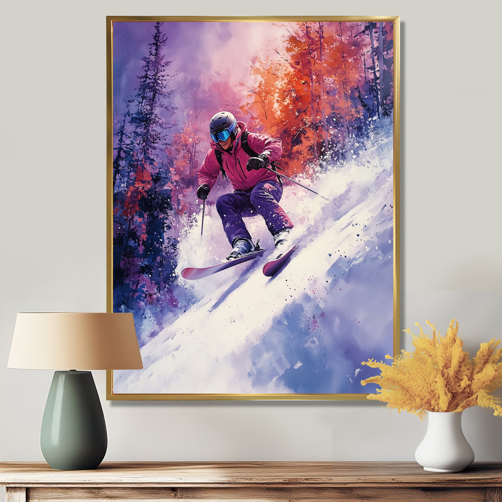 Purple Ski Slopestyle Accented With Orange I - Skiing Canvas Wall Art