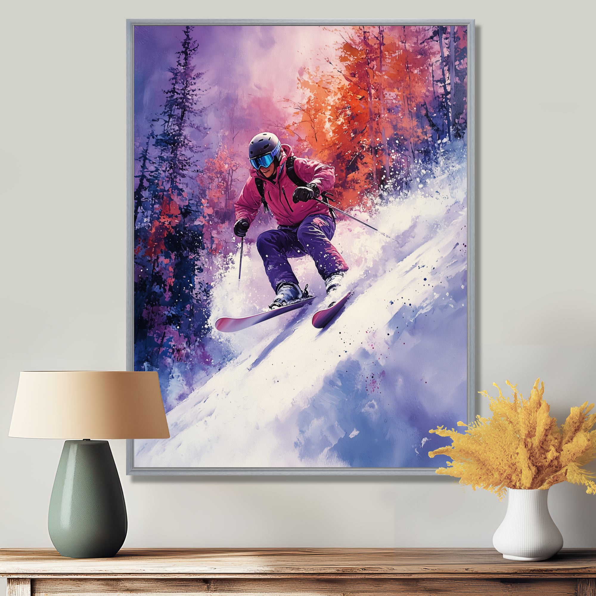 Purple Ski Slopestyle Accented With Orange I - Skiing Canvas Wall Art