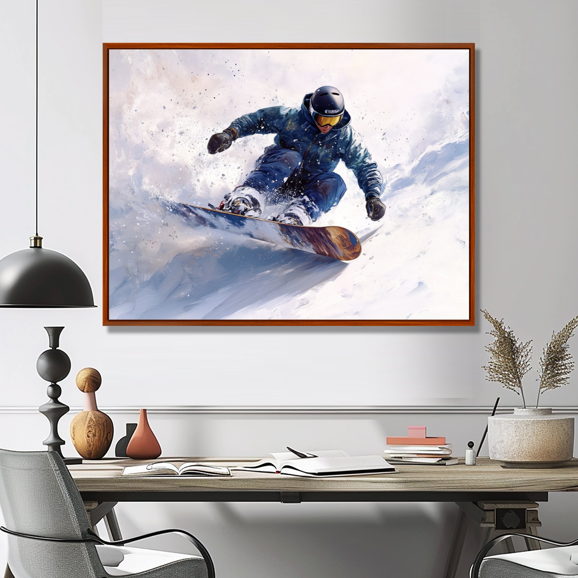 White Snowboard Big Air Mens Accented With Green - Winter Sport Canvas Wall Art