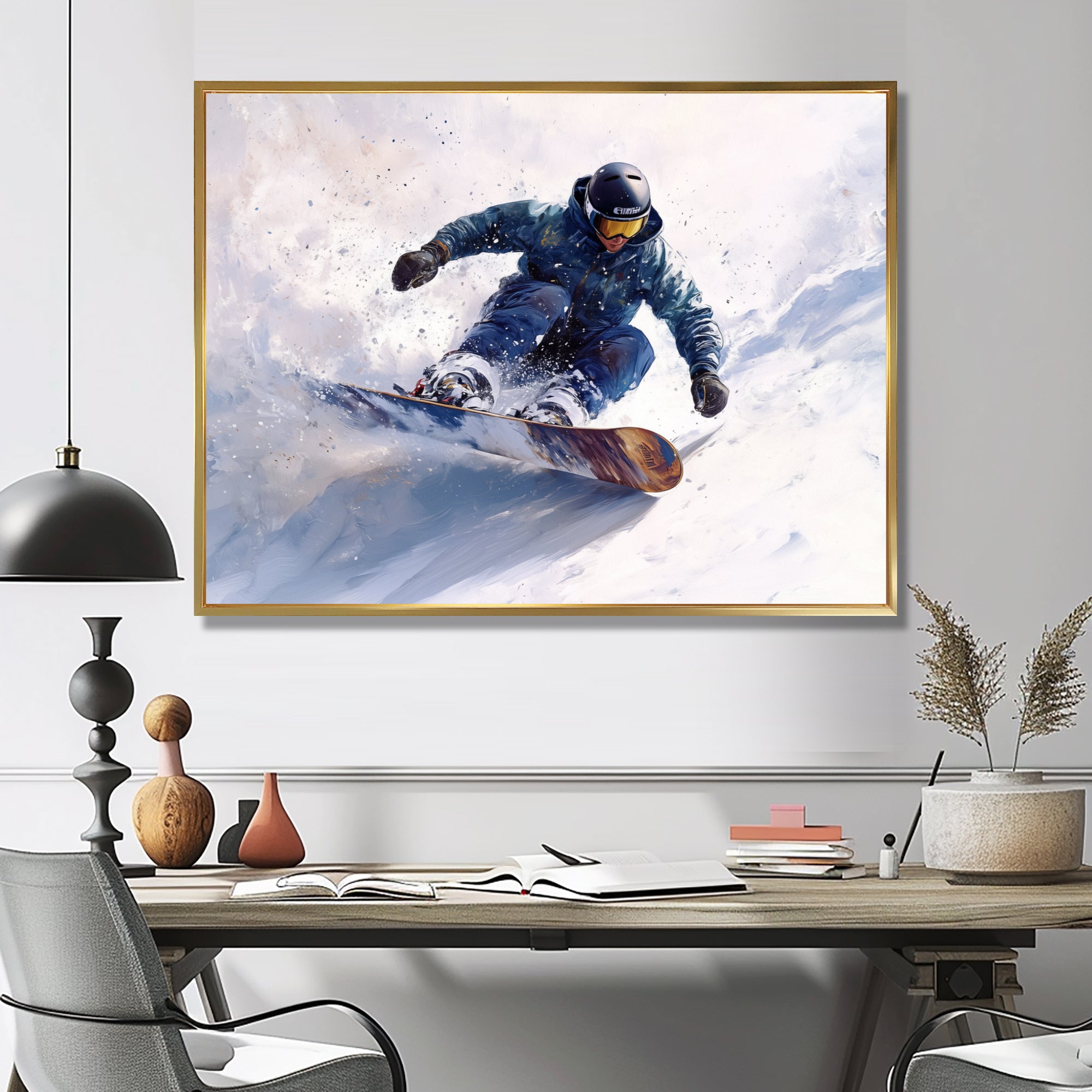 White Snowboard Big Air Mens Accented With Green - Winter Sport Canvas Wall Art