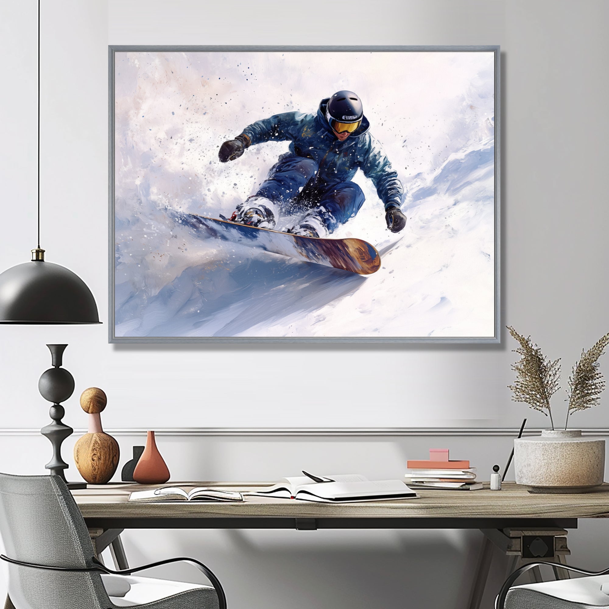 White Snowboard Big Air Mens Accented With Green - Winter Sport Canvas Wall Art