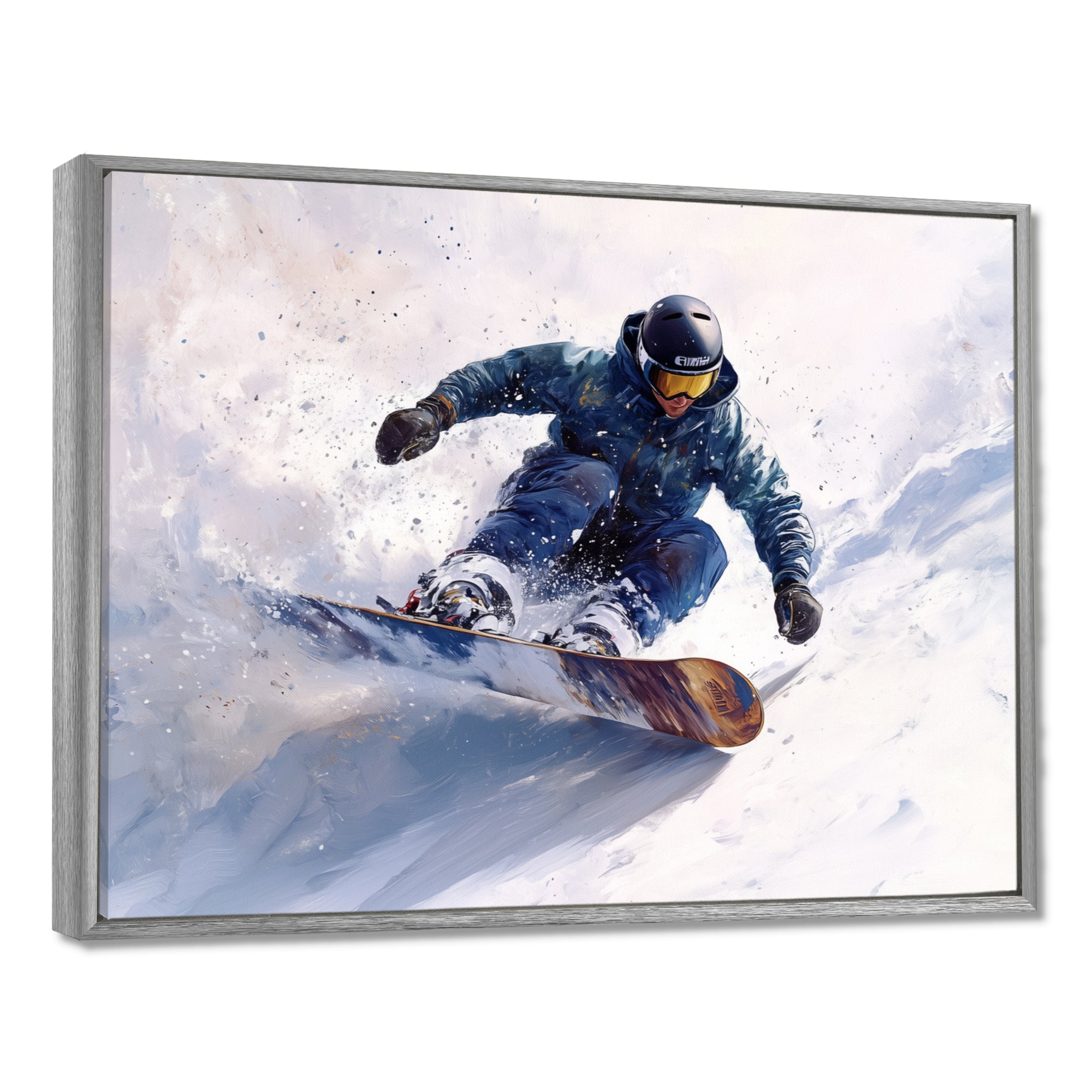 White Snowboard Big Air Mens Accented With Green - Winter Sport Canvas Wall Art